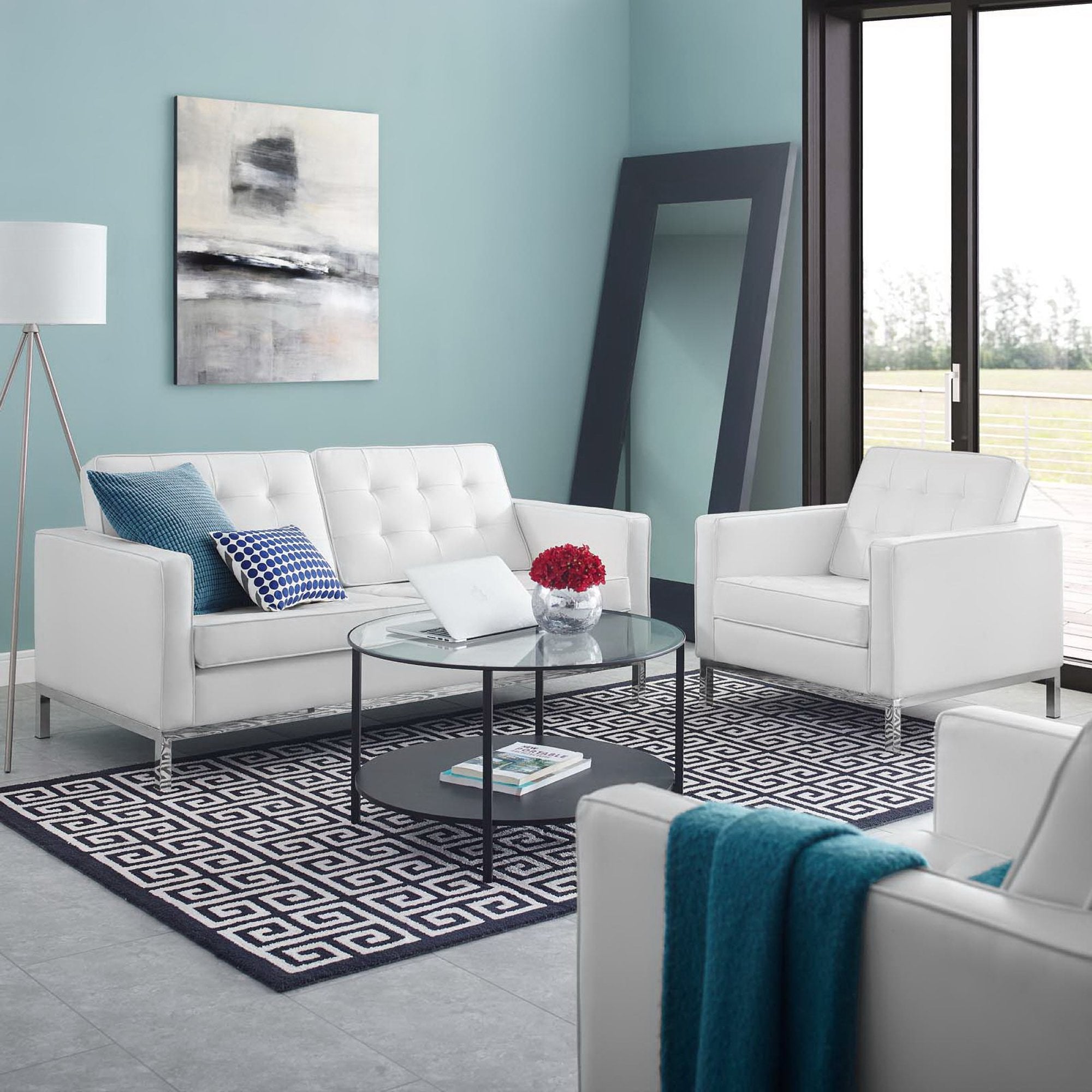 Loft Tufted Upholstered Faux Leather Loveseat and Armchair Set, Silver White