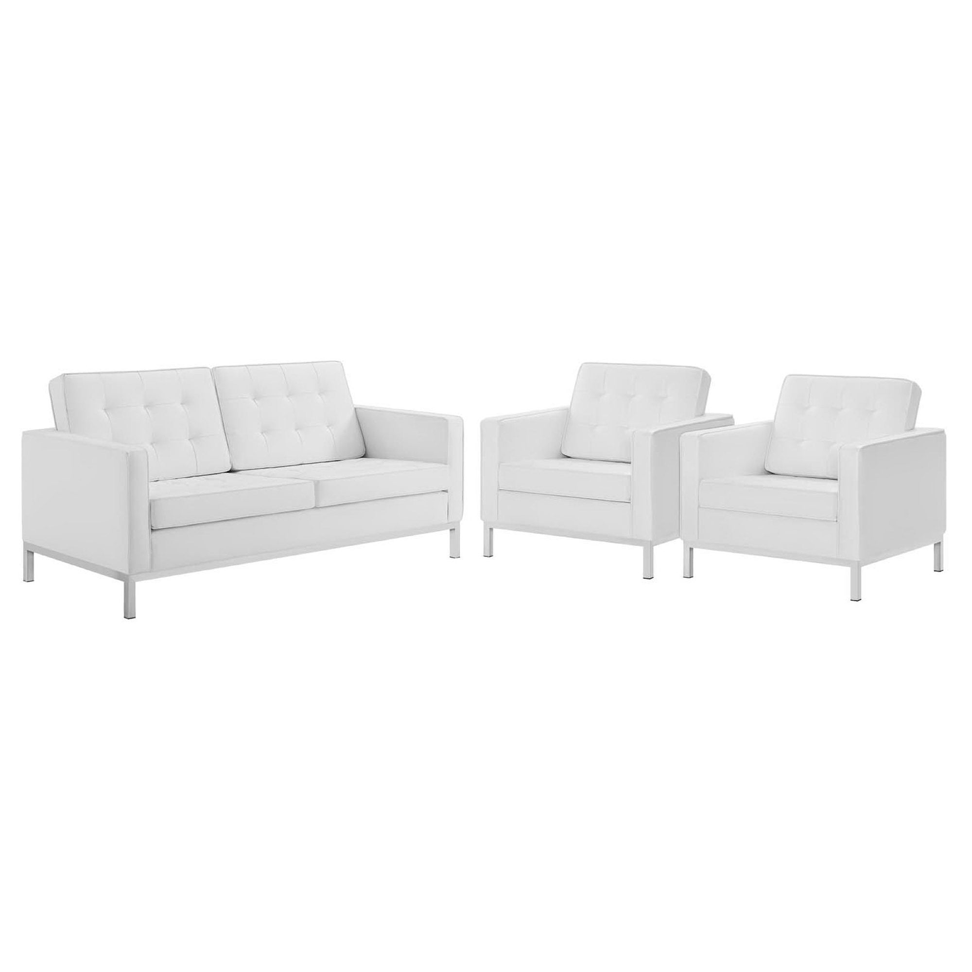 Loft 3 Piece Tufted Upholstered Faux Leather Set, Silver White