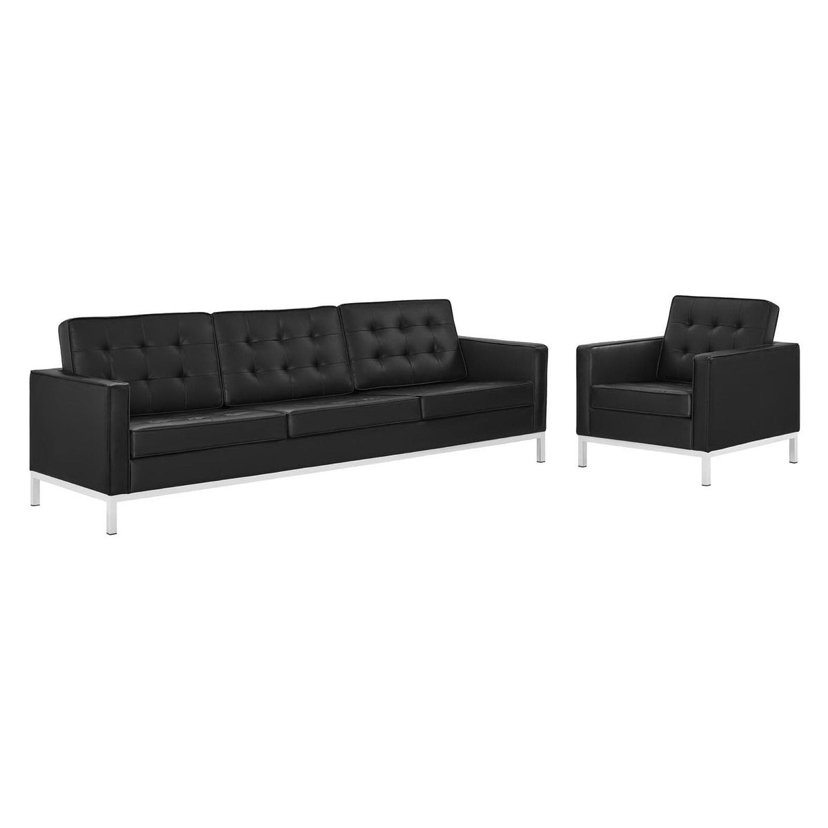 Loft Tufted Upholstered Faux Leather Sofa and Armchair Set, Silver Black