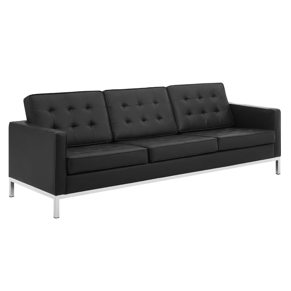 Loft Tufted Upholstered Faux Leather Sofa and Armchair Set, Silver Black