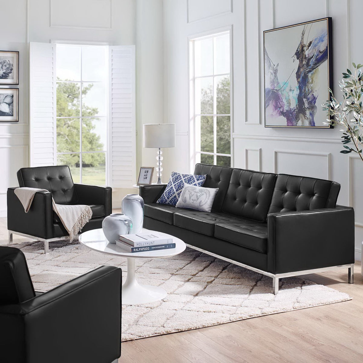 Loft Tufted Upholstered Faux Leather Sofa and Armchair Set, Silver Black