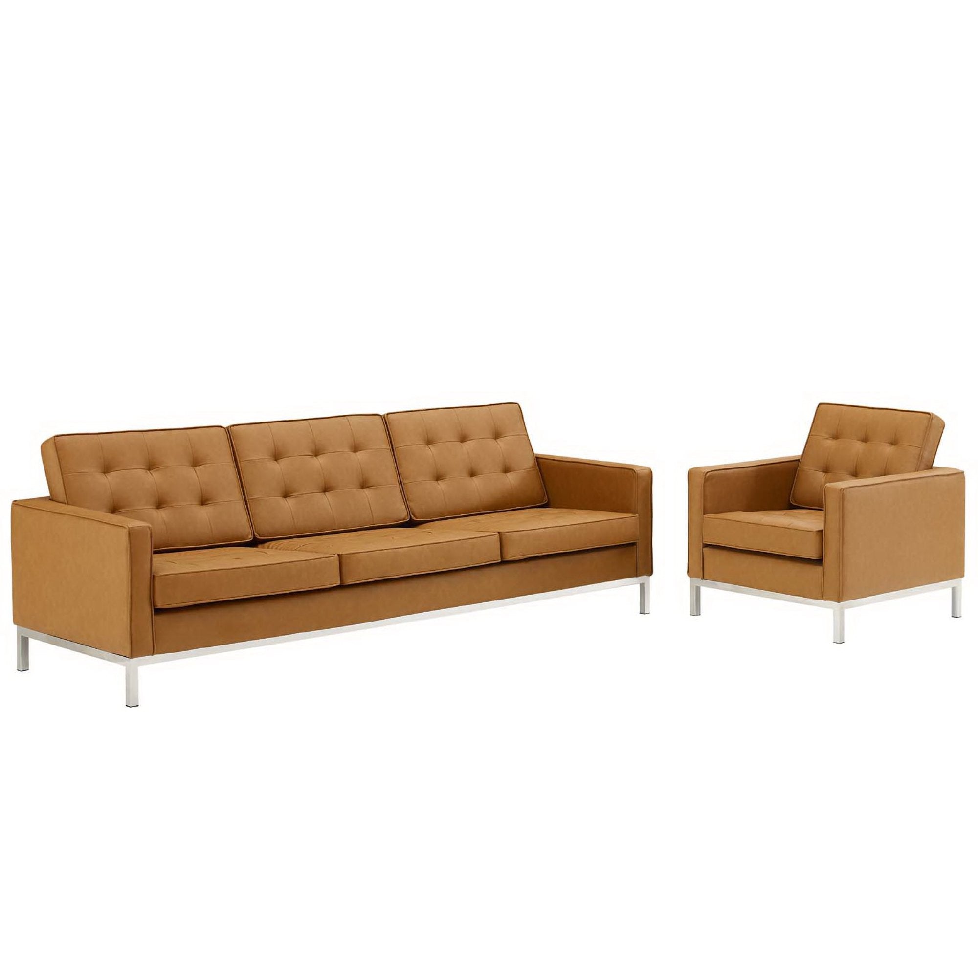Loft Tufted Upholstered Faux Leather Sofa and Armchair Set, Silver Tan