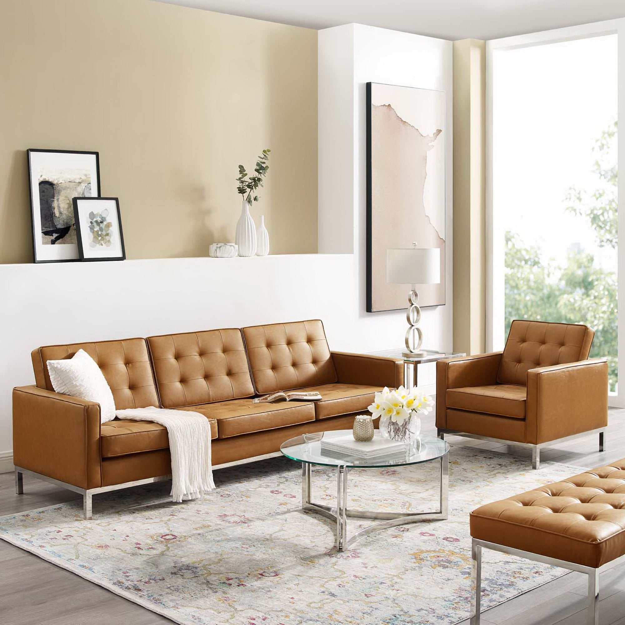 Loft Tufted Upholstered Faux Leather Sofa and Armchair Set, Silver Tan