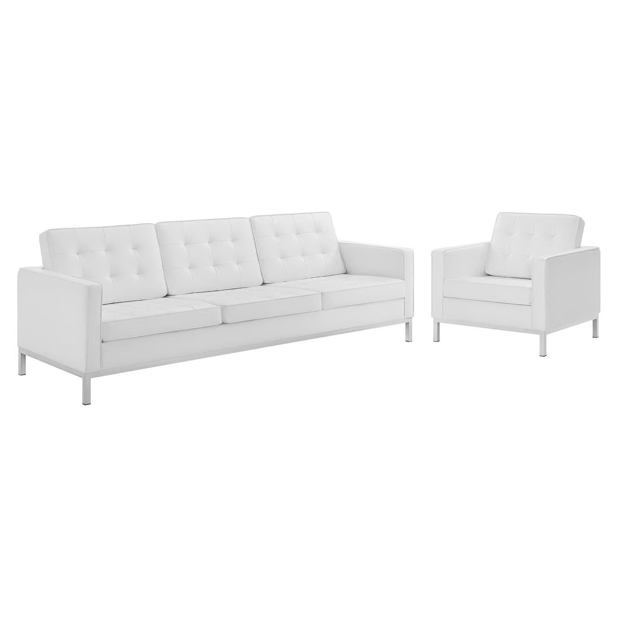 Loft Tufted Upholstered Faux Leather Sofa and Armchair Set, Silver White
