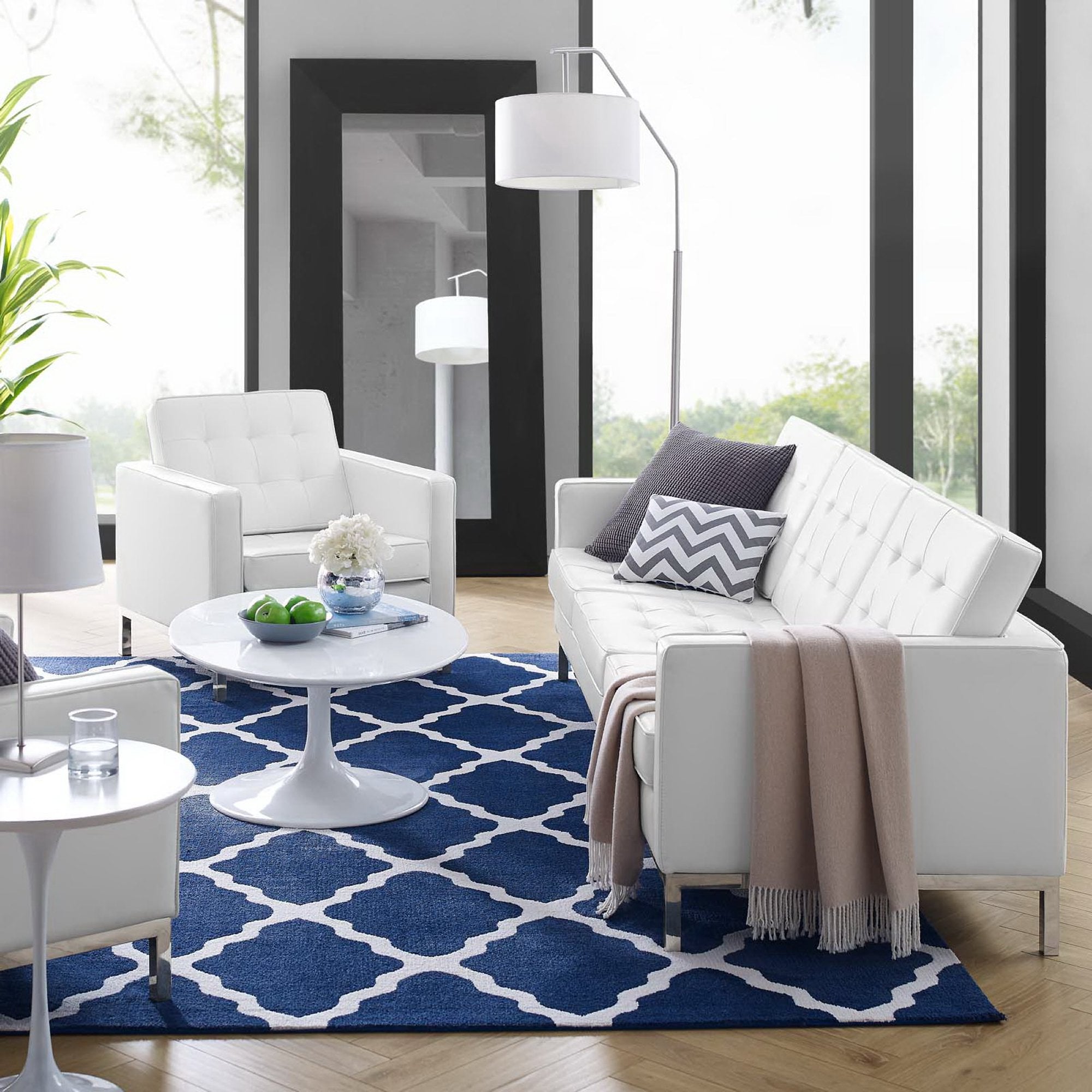 Loft Tufted Upholstered Faux Leather Sofa and Armchair Set, Silver White