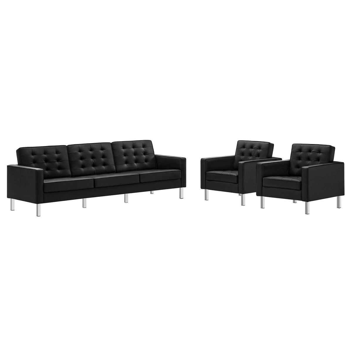 Loft 3-Piece Tufted Vegan Leather Furniture Set, Silver Black