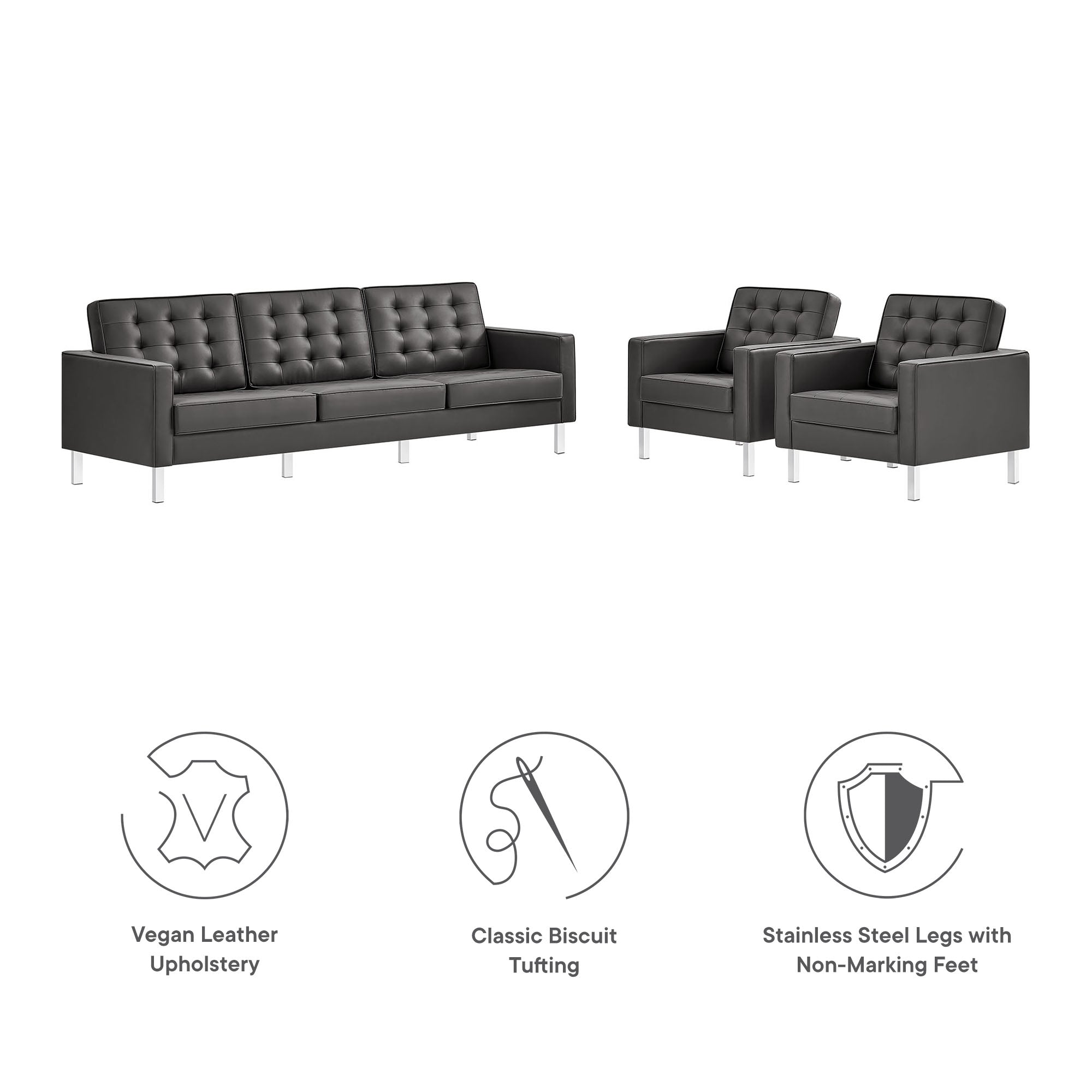 Loft 3-Piece Tufted Vegan Leather Furniture Set, Silver Gray