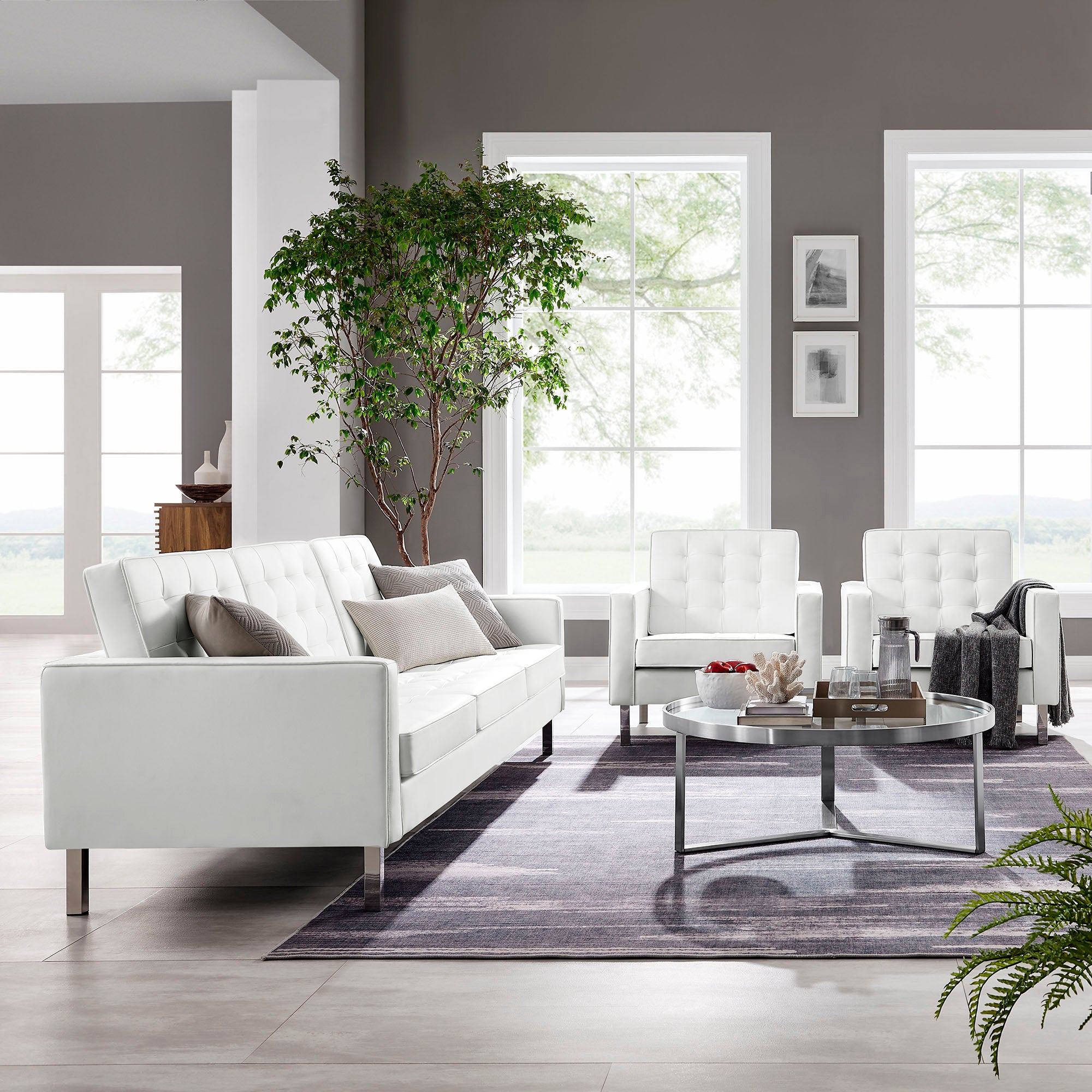 Loft 3-Piece Tufted Vegan Leather Furniture Set, Silver White