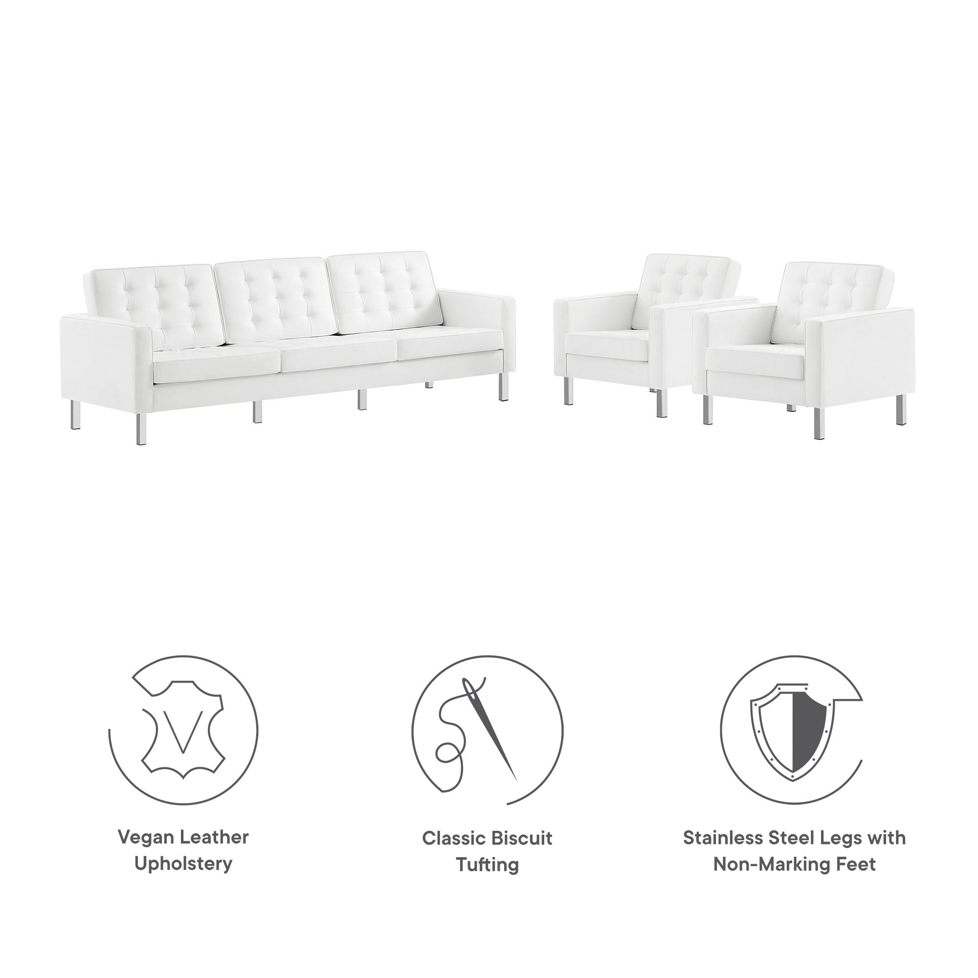 Loft 3-Piece Tufted Vegan Leather Furniture Set, Silver White