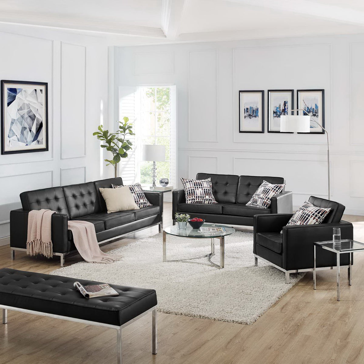 Loft 3 Piece Tufted Upholstered Faux Leather Set, Silver Black - Model EEI-4107