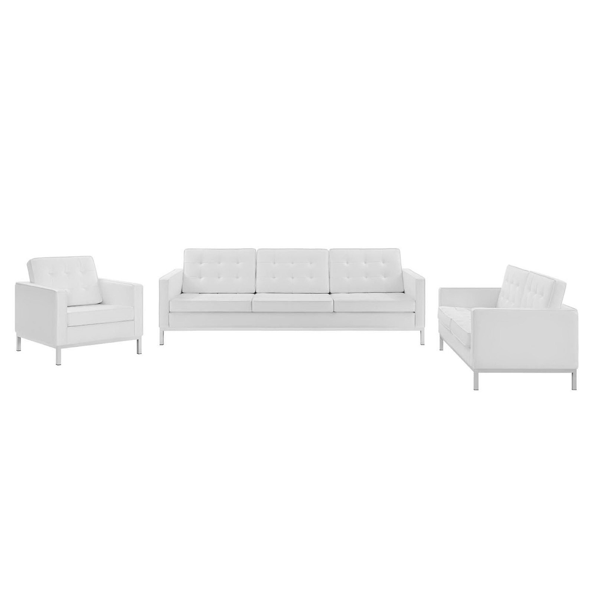 Loft 3 Piece Tufted Upholstered Faux Leather Set, Silver White