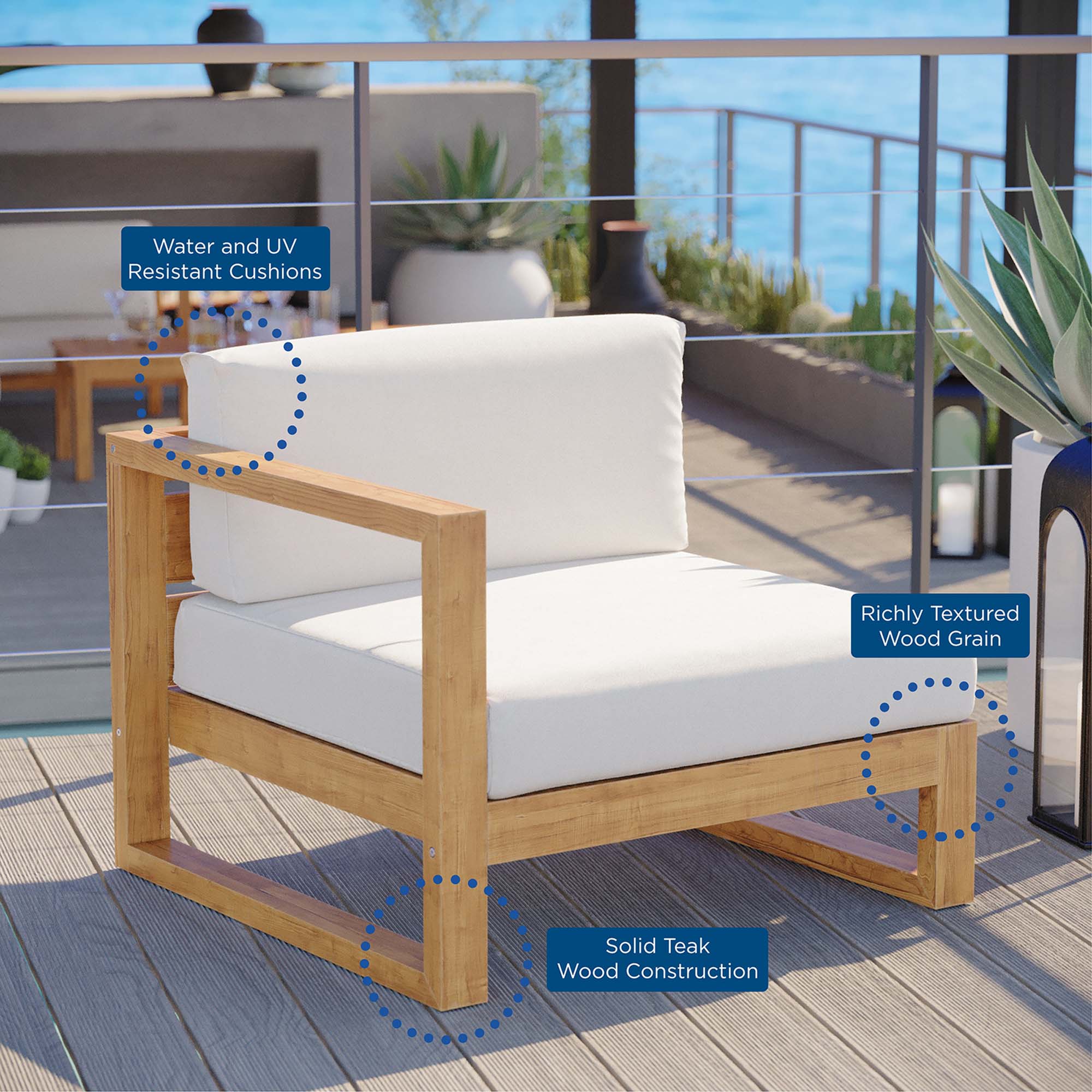 Upland Outdoor Patio Teak Wood Left-Arm Chair, Natural White