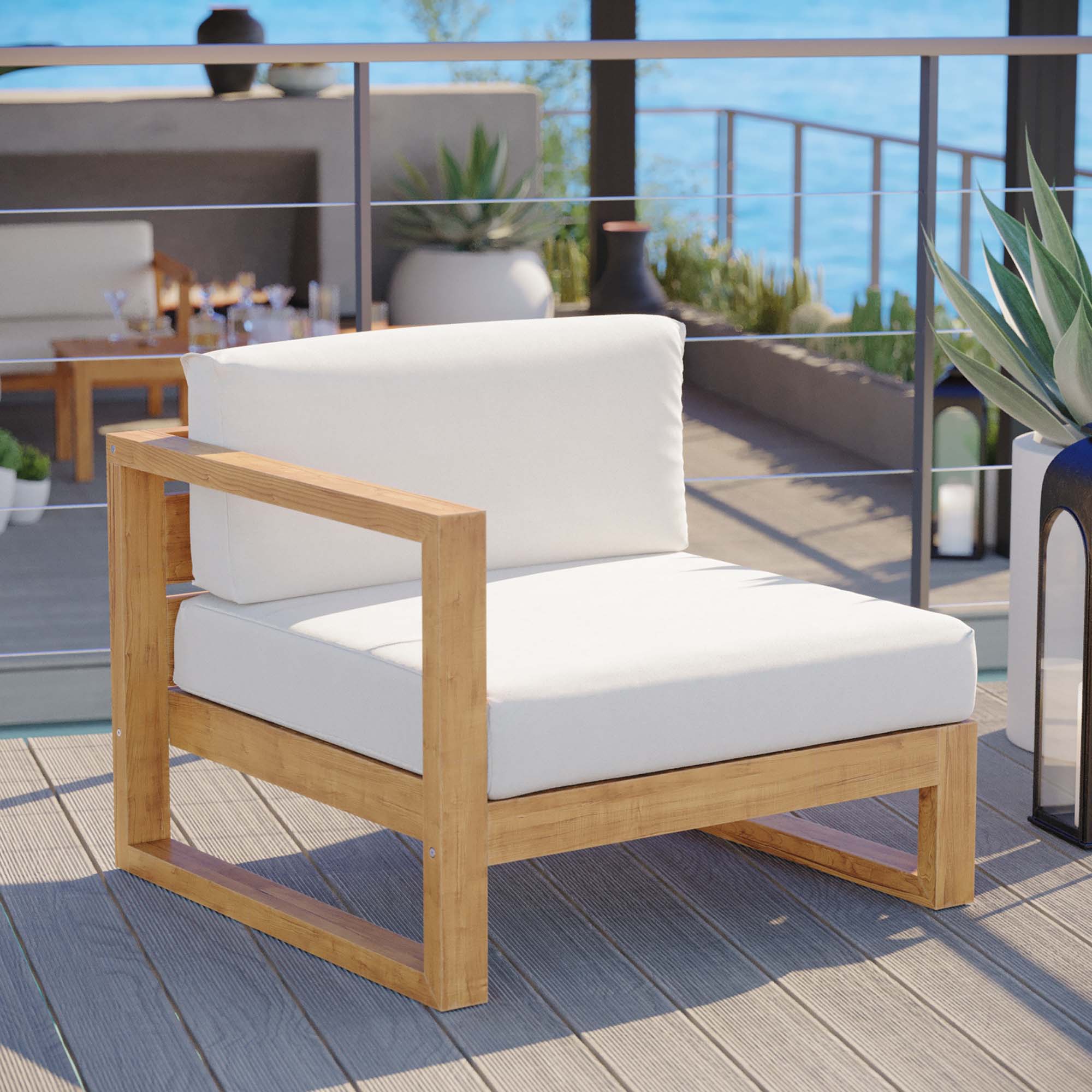 Upland Outdoor Patio Teak Wood Left-Arm Chair, Natural White