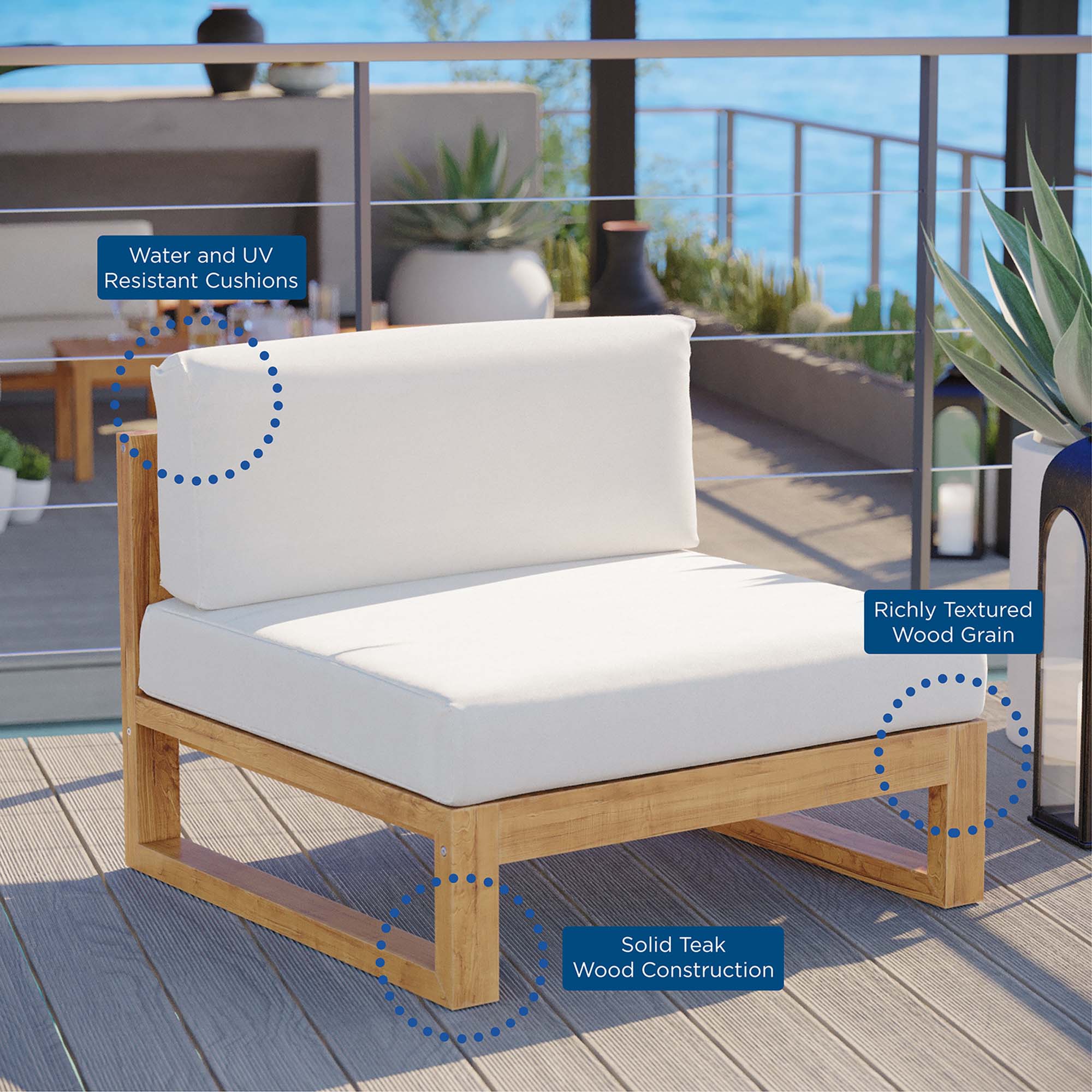 Upland Outdoor Patio Teak Wood Armless Chair, Natural White