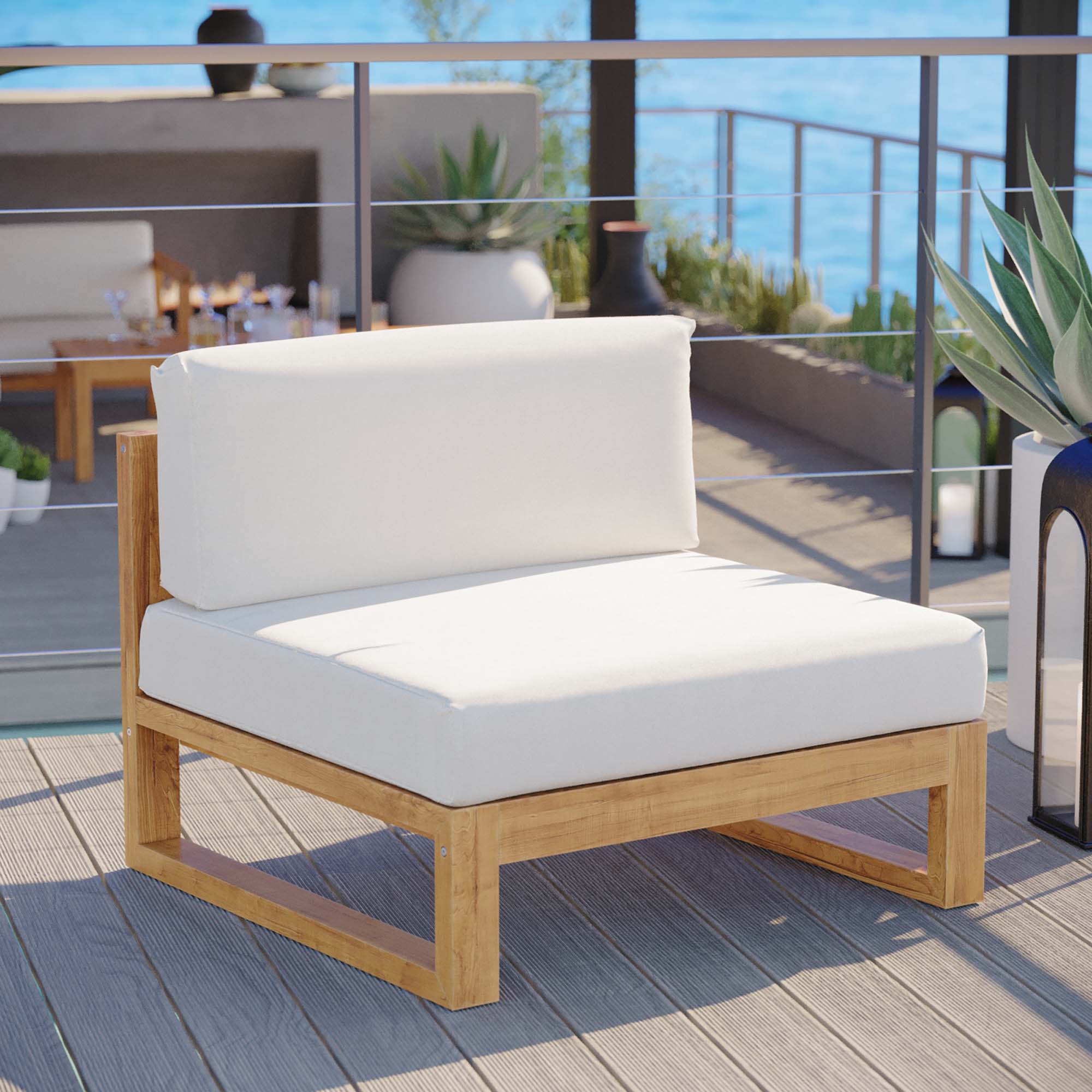 Upland Outdoor Patio Teak Wood Armless Chair, Natural White