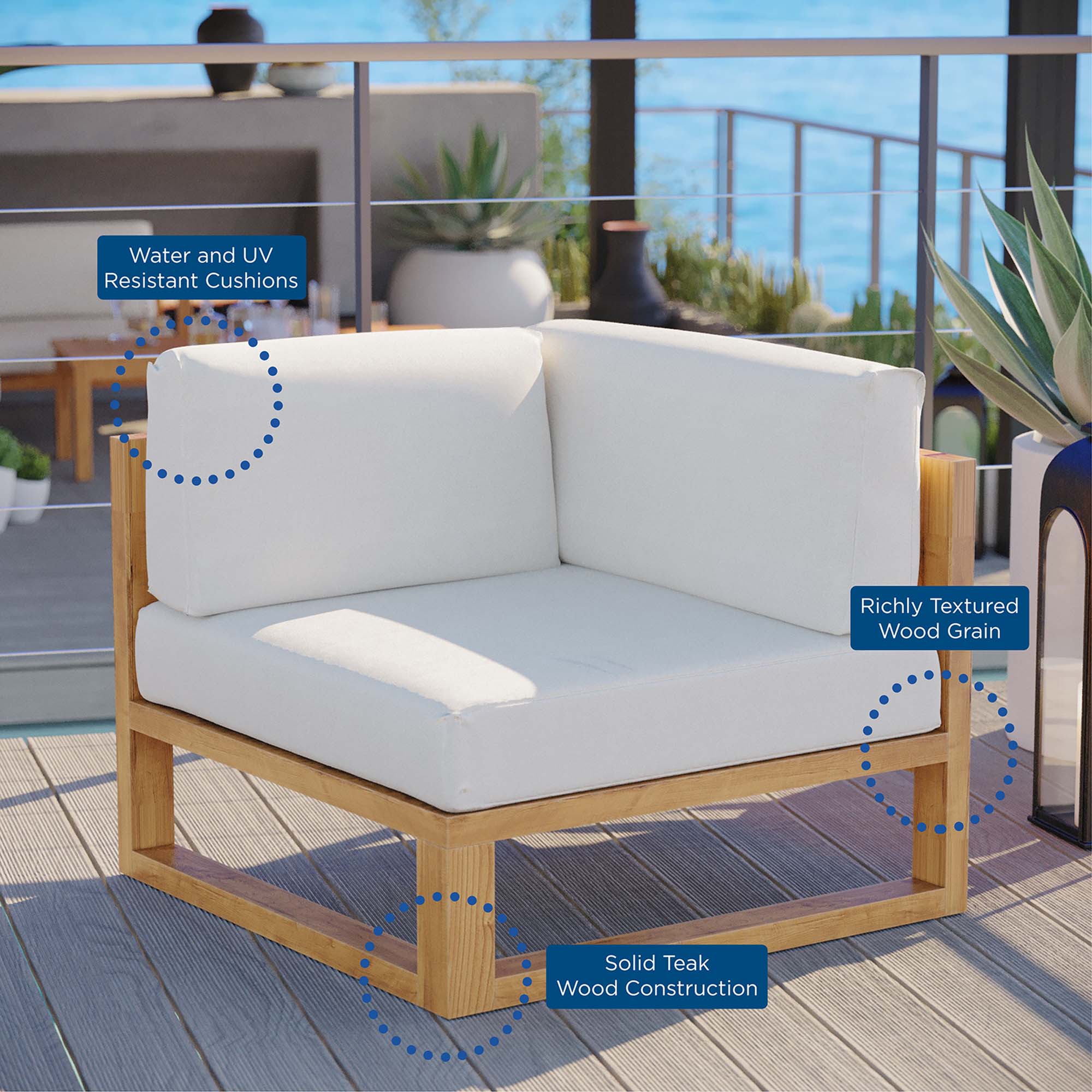 Upland Outdoor Patio Teak Wood Corner Chair, Natural White