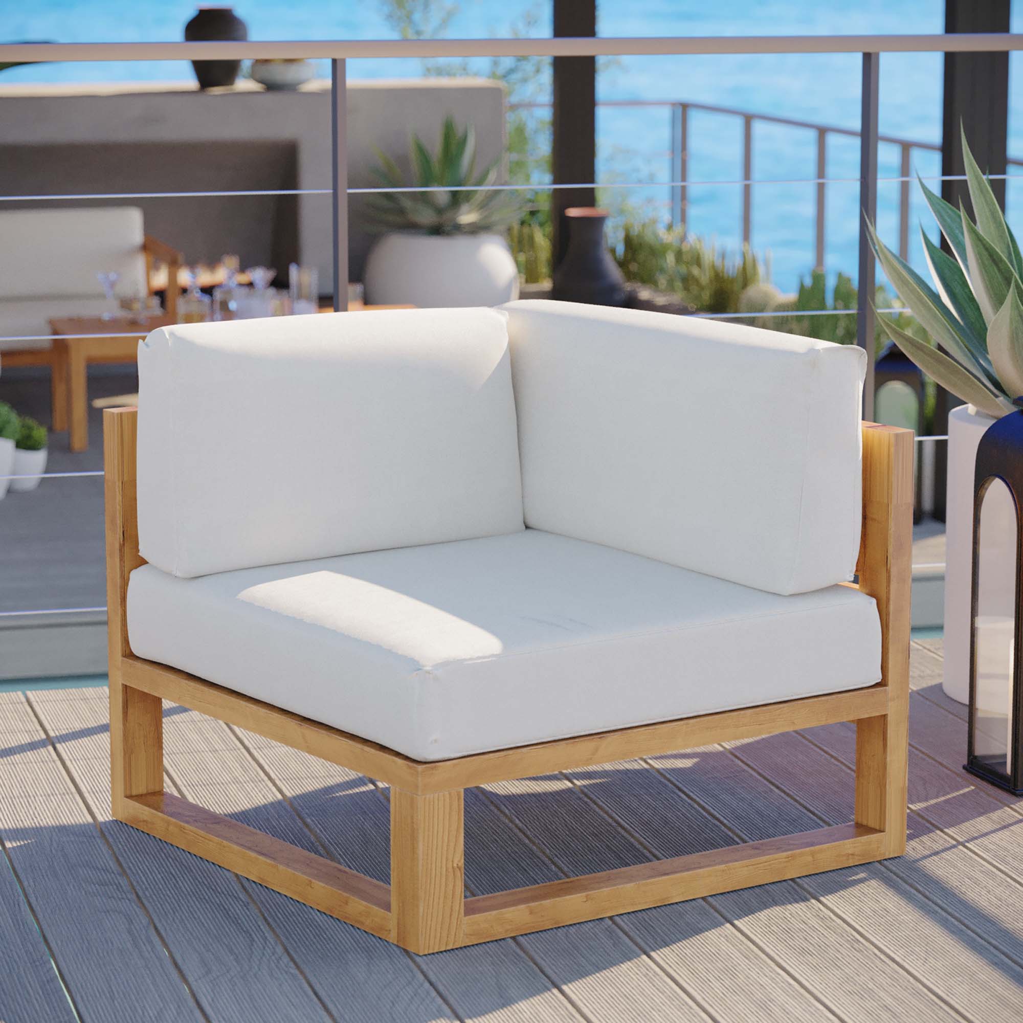 Upland Outdoor Patio Teak Wood Corner Chair, Natural White