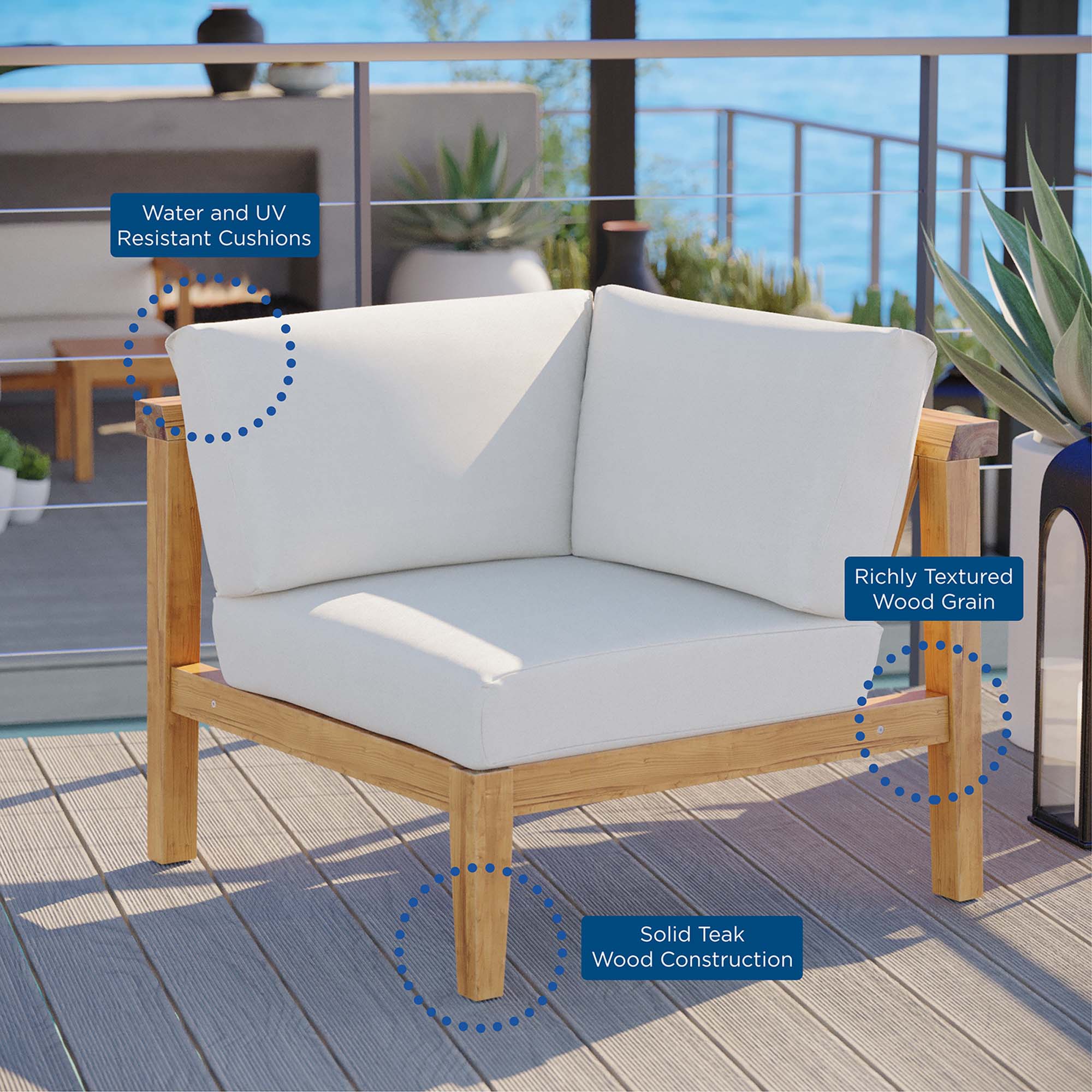 Bayport Outdoor Patio Teak Wood Corner Chair, Natural White