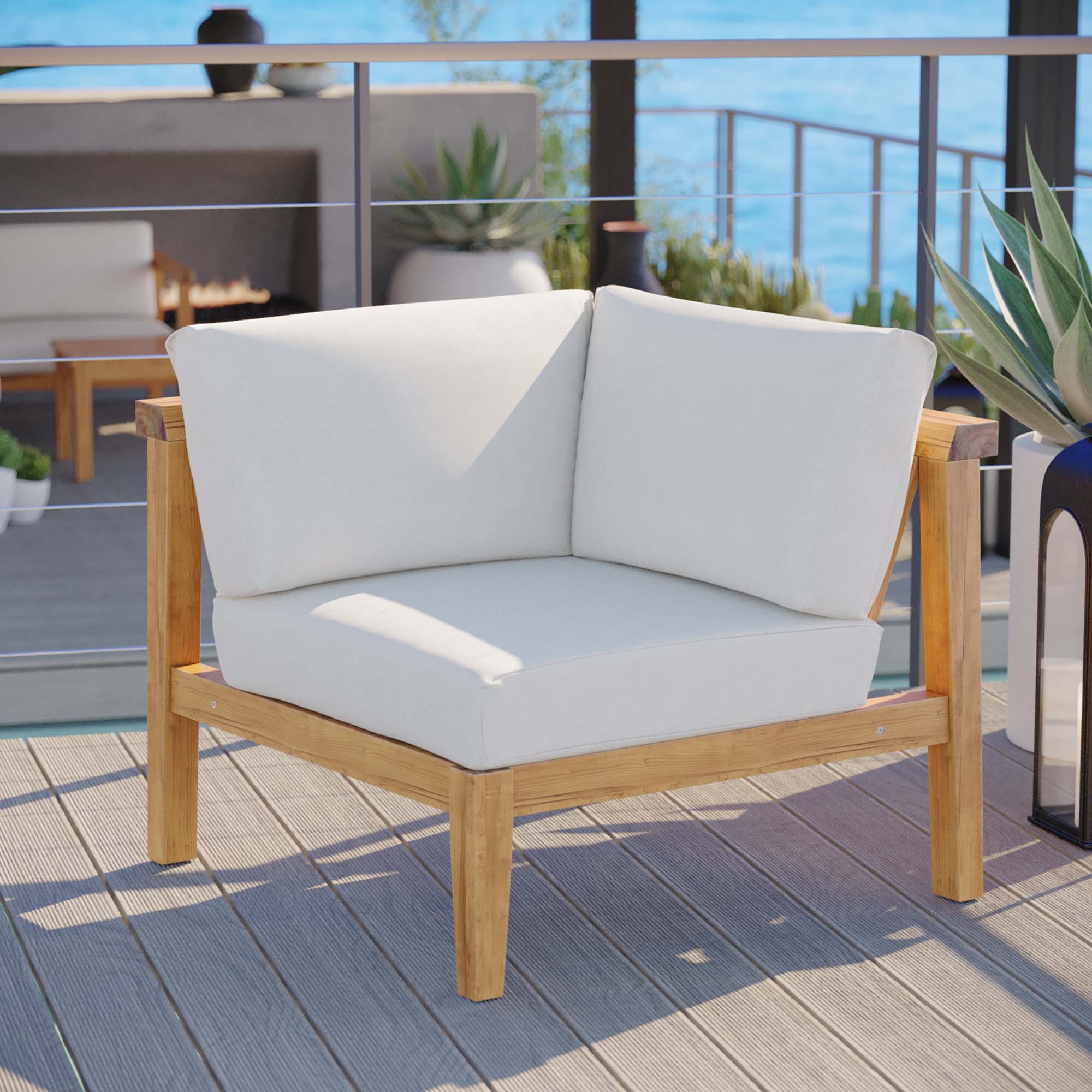 Bayport Outdoor Patio Teak Wood Corner Chair, Natural White