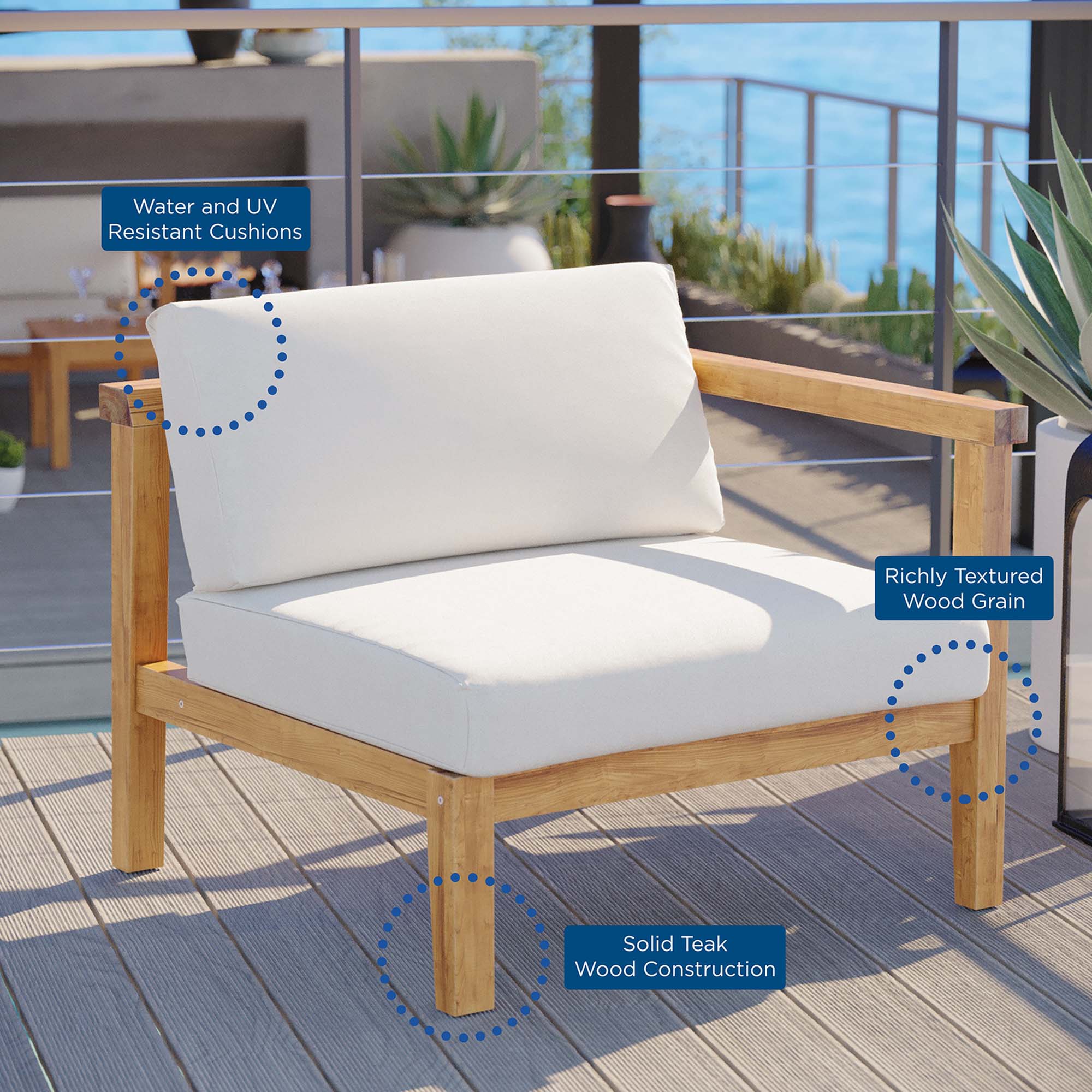 Bayport Outdoor Patio Teak Wood Right-Arm Chair, Natural White
