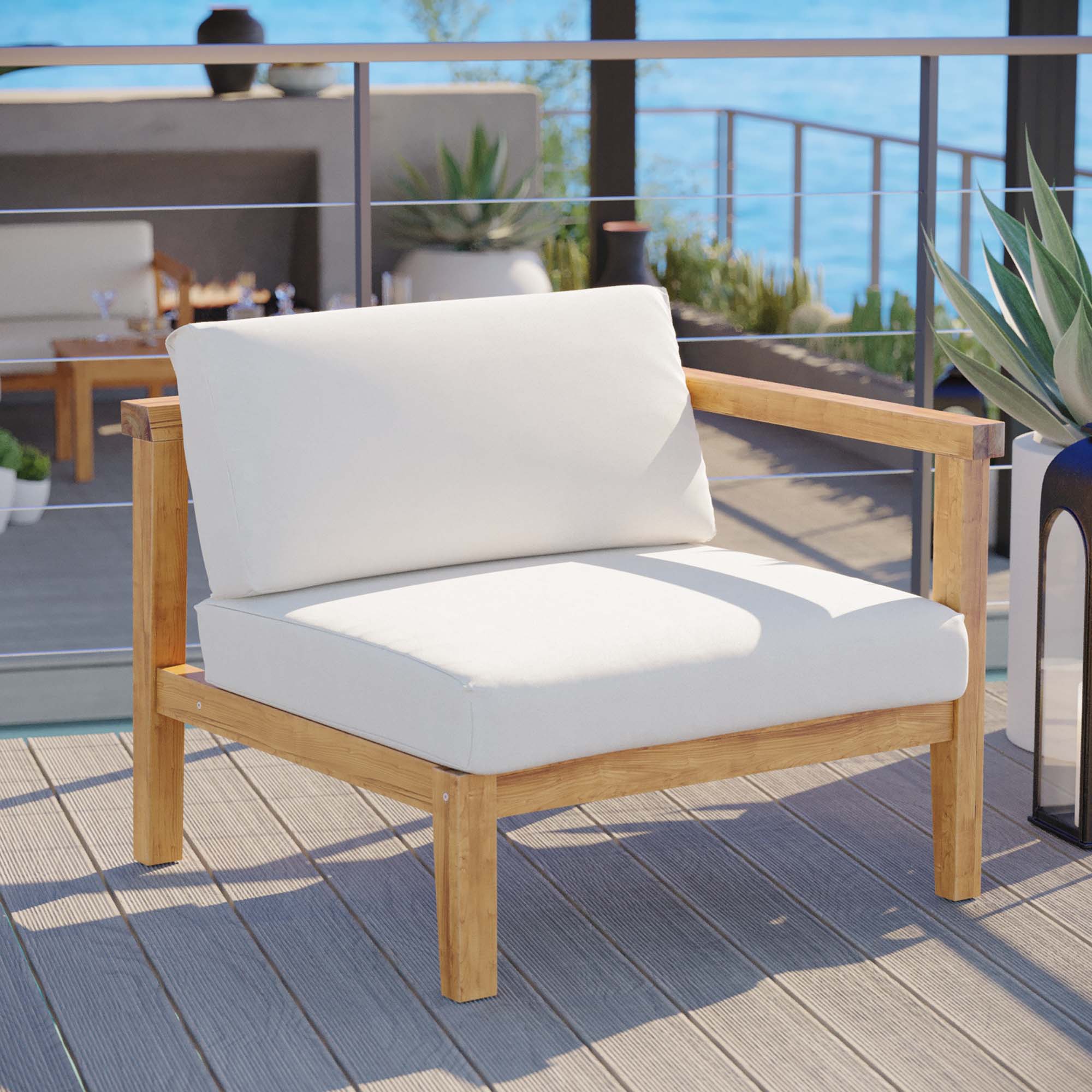 Bayport Outdoor Patio Teak Wood Right-Arm Chair, Natural White