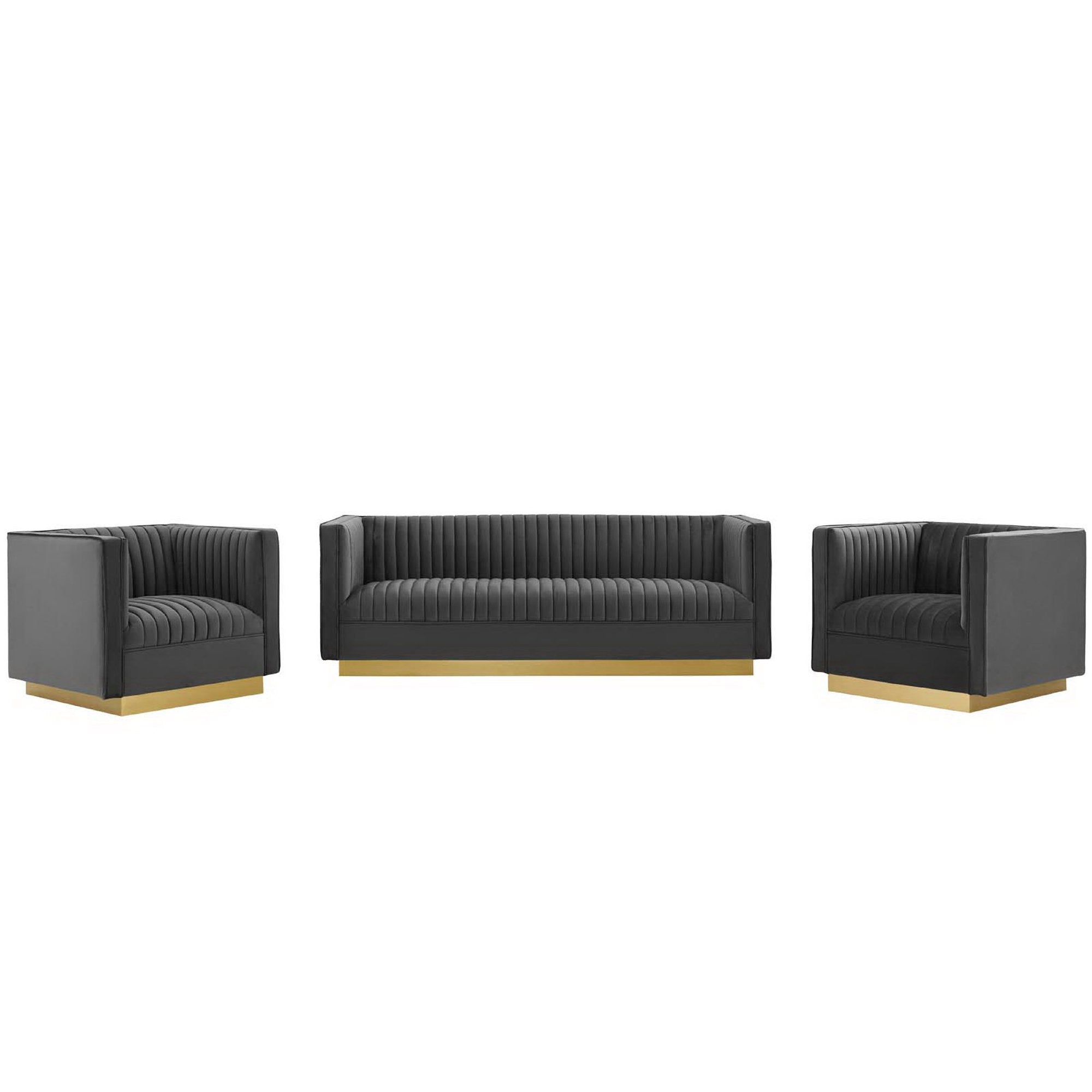 Sanguine 3 Piece Vertical Channel Tufted Upholstered Performance Velvet Set, Gray