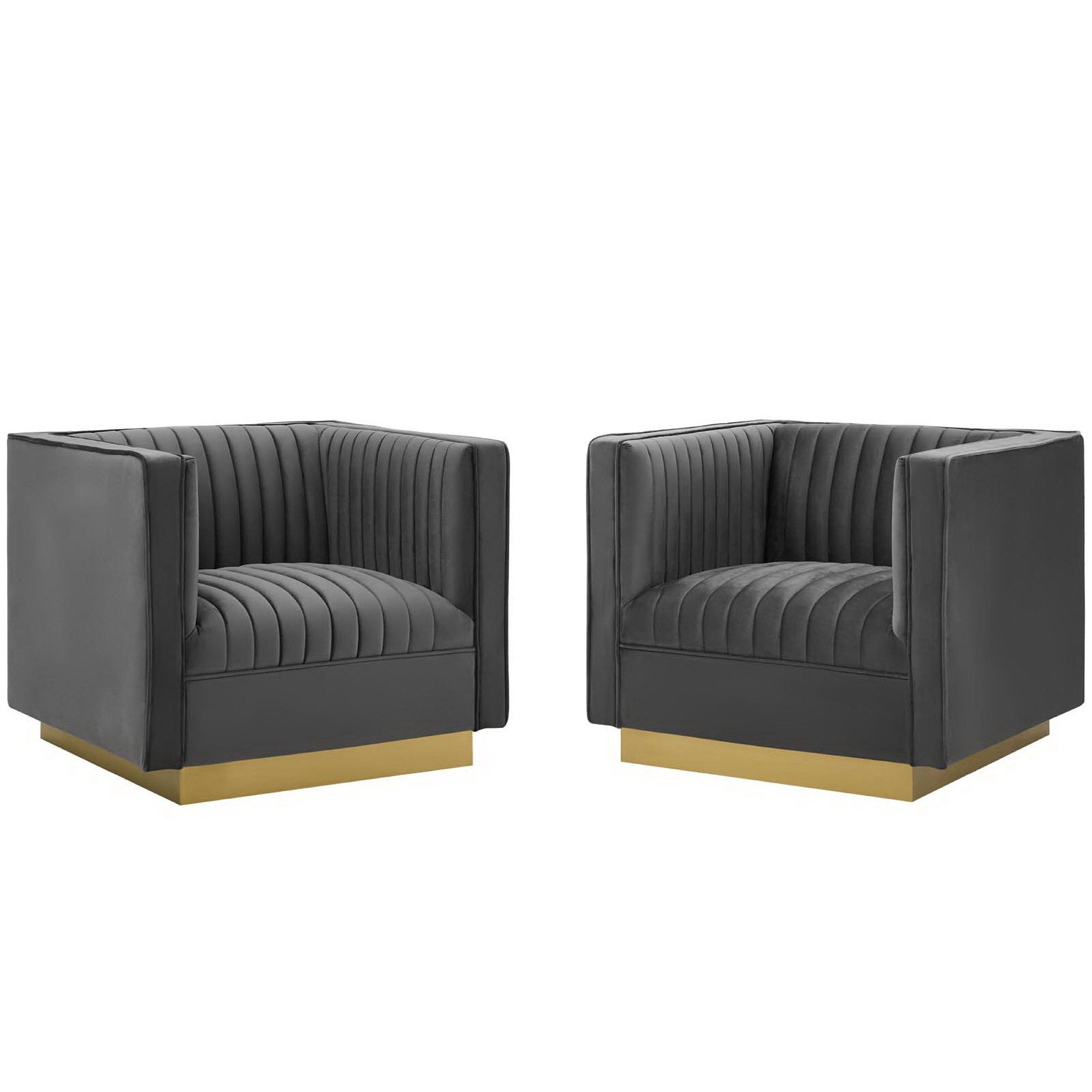 Sanguine Vertical Channel Tufted Upholstered Performance Velvet Armchair Set of 2, Gray