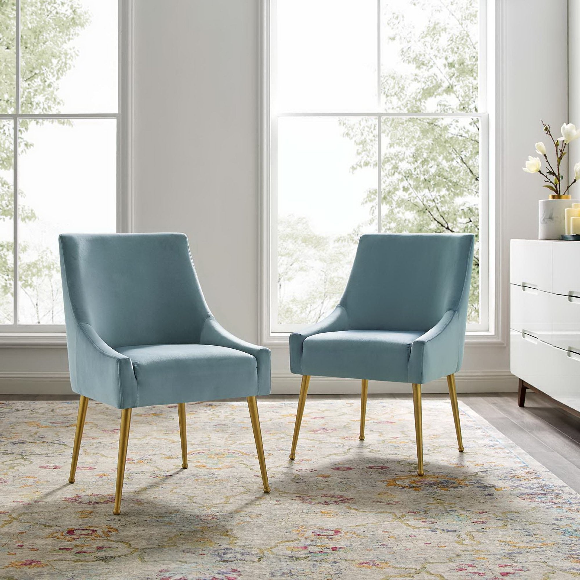 Discern Upholstered Performance Velvet Dining Chair Set of 2, Light Blue