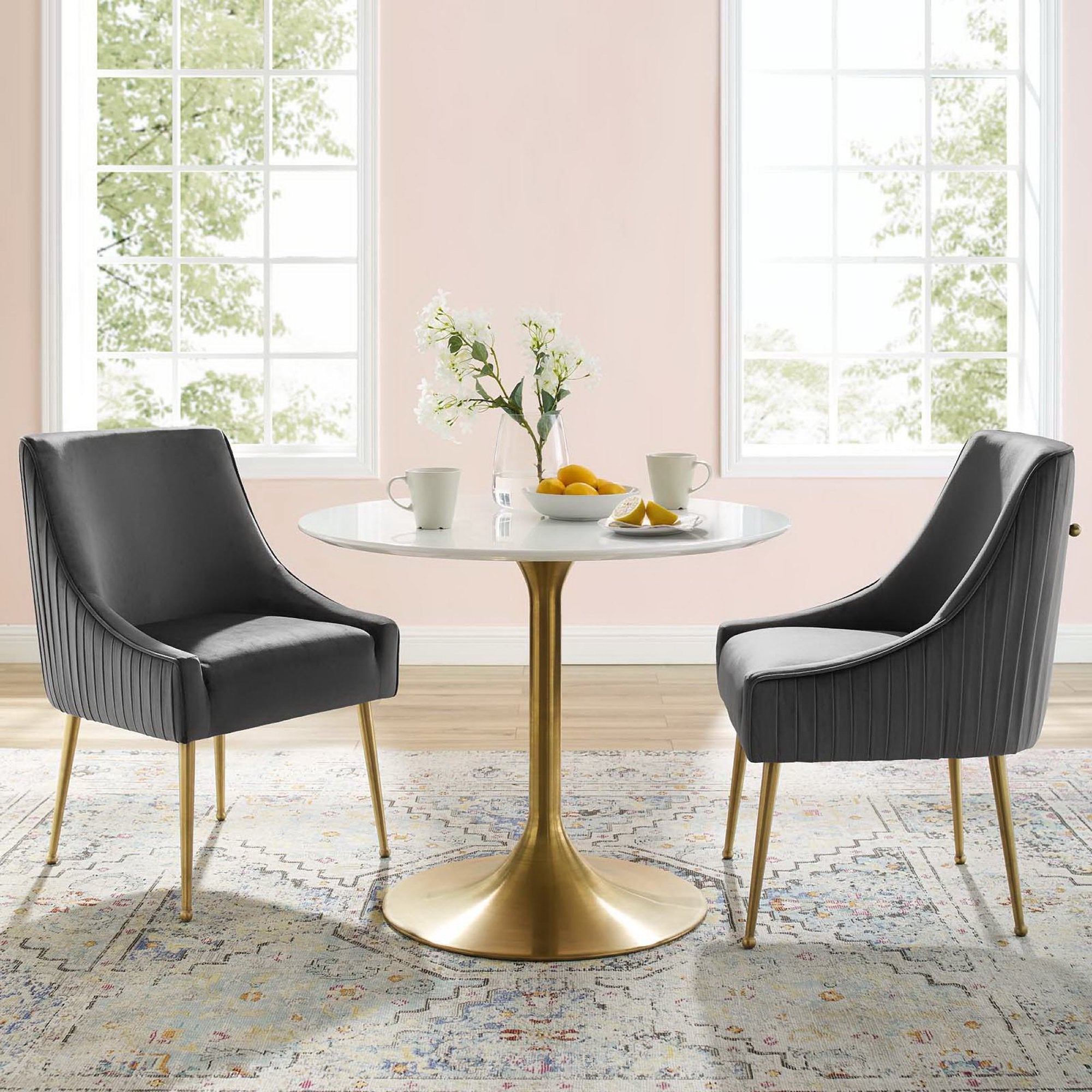 Discern Pleated Back Upholstered Performance Velvet Dining Chair Set of 2, Gray