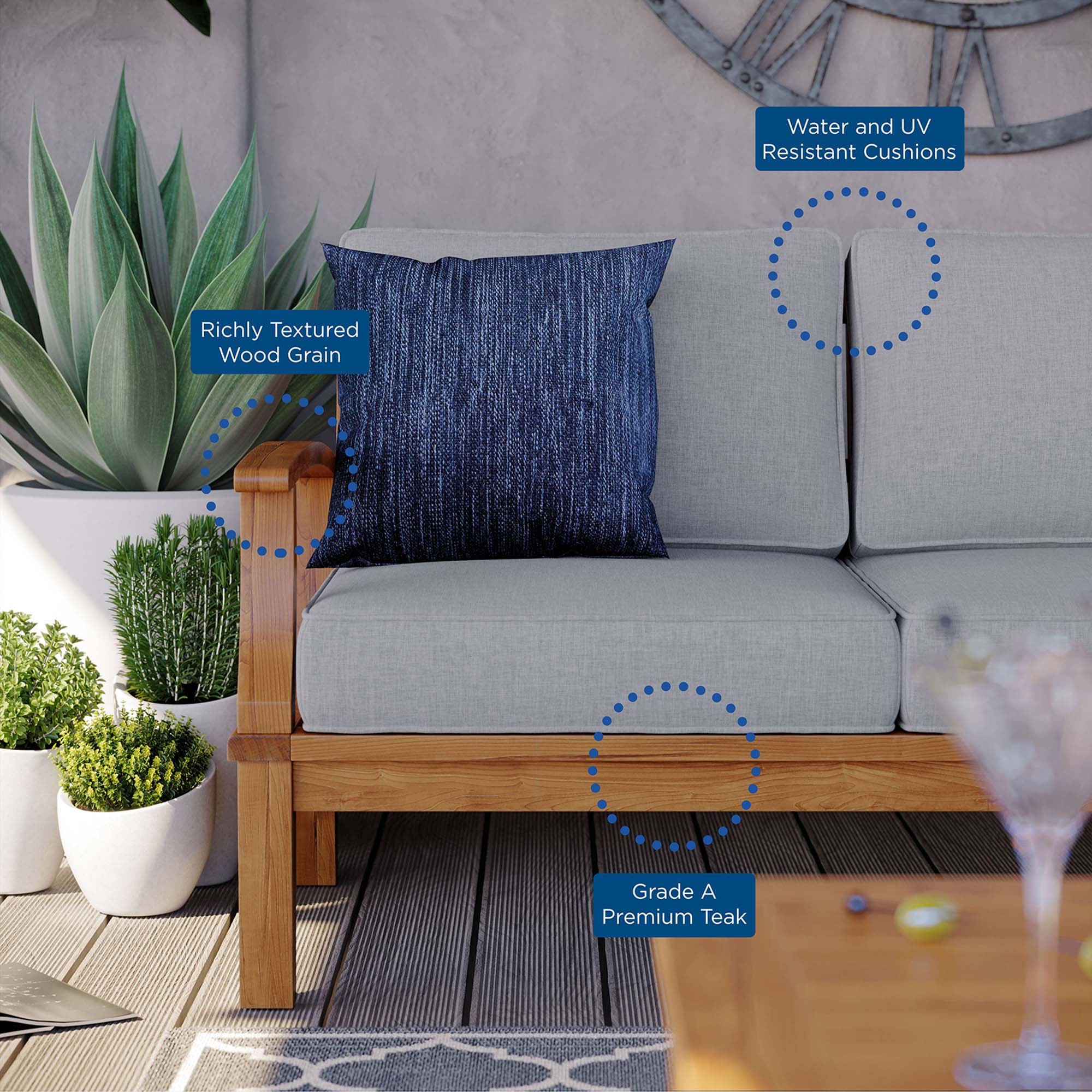 Marina Outdoor Patio Teak Sofa, Natural Gray