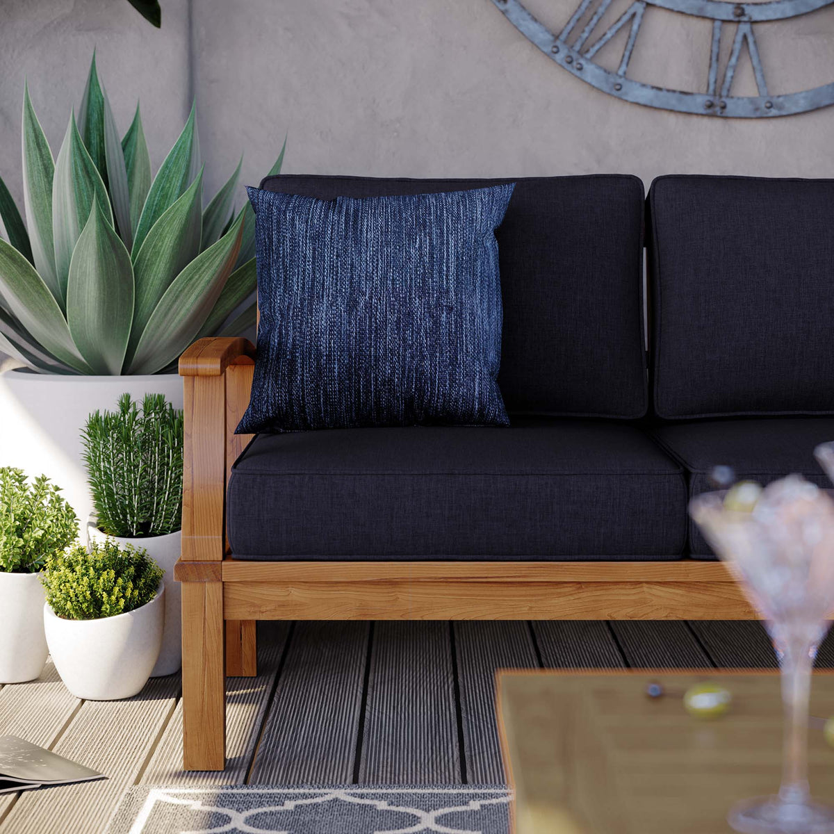Marina Outdoor Patio Teak Sofa, Natural Navy