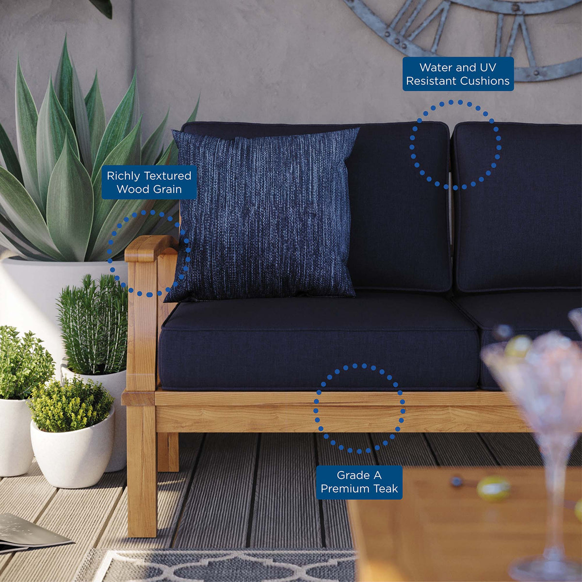 Marina Outdoor Patio Teak Sofa, Natural Navy
