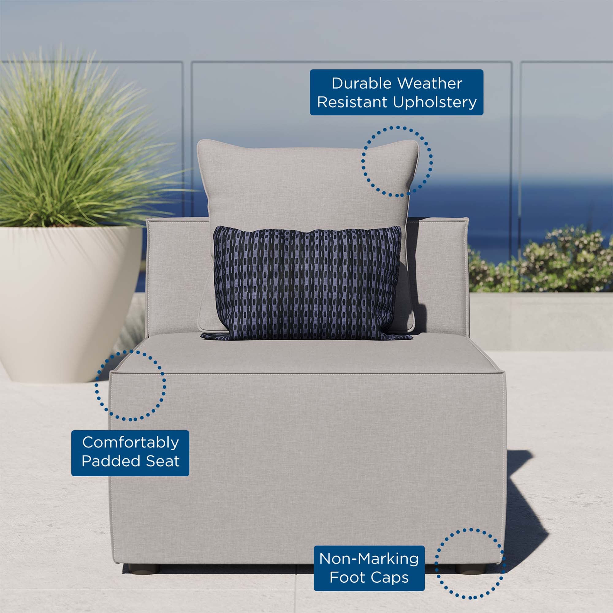 Saybrook Outdoor Patio Upholstered Sectional Sofa Armless Chair, Gray