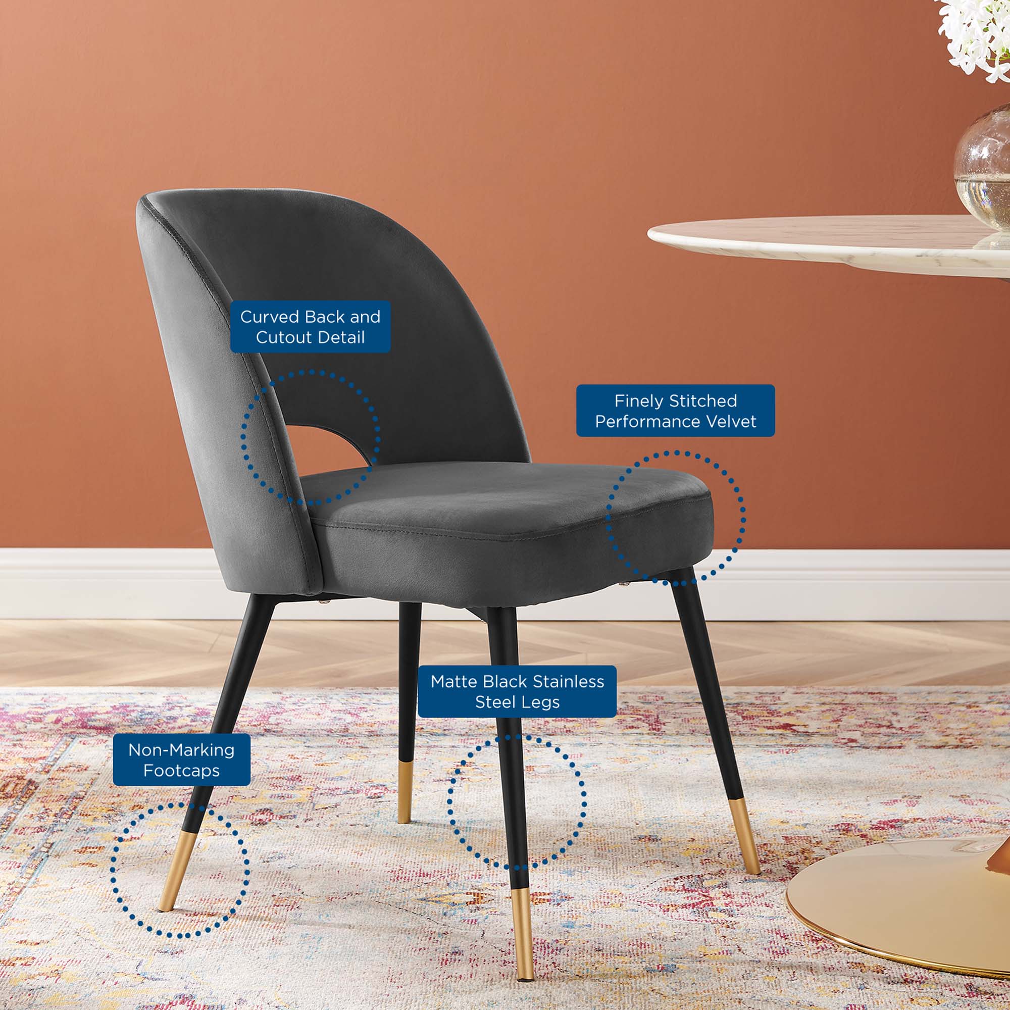 Rouse Performance Velvet Dining Side Chair, Charcoal