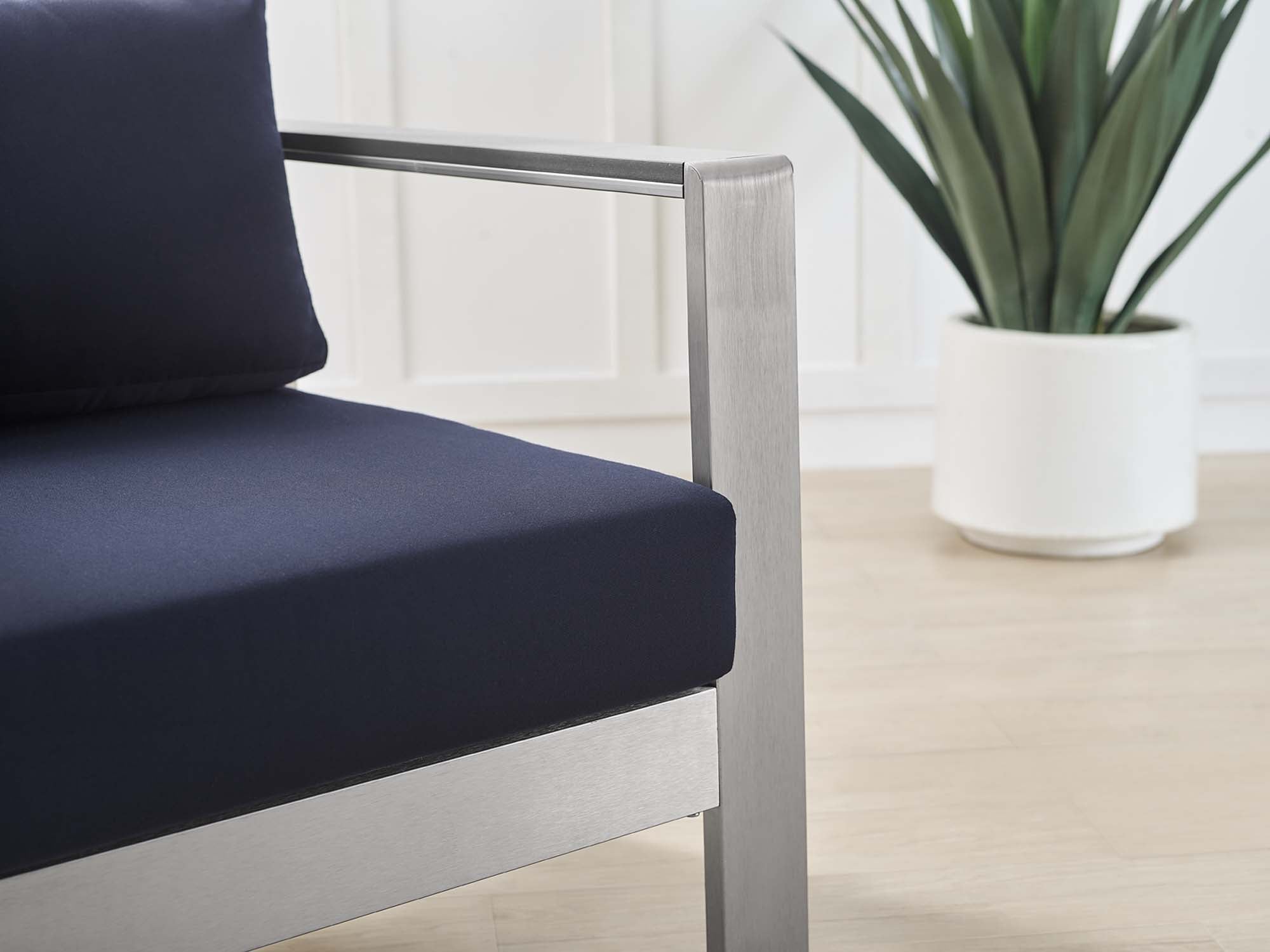 Shore Sunbrella® Fabric Aluminum Outdoor Patio Armchair, Silver Navy
