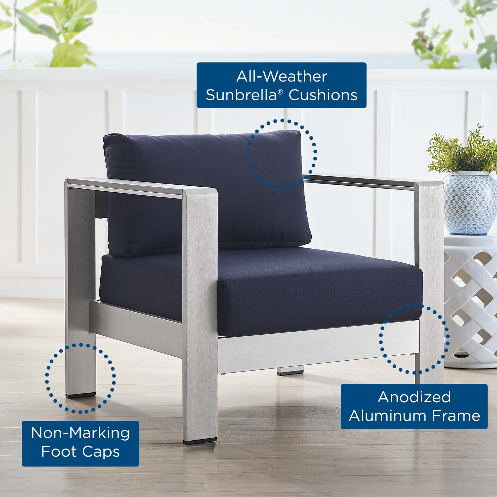 Shore Sunbrella® Fabric Aluminum Outdoor Patio Armchair, Silver Navy