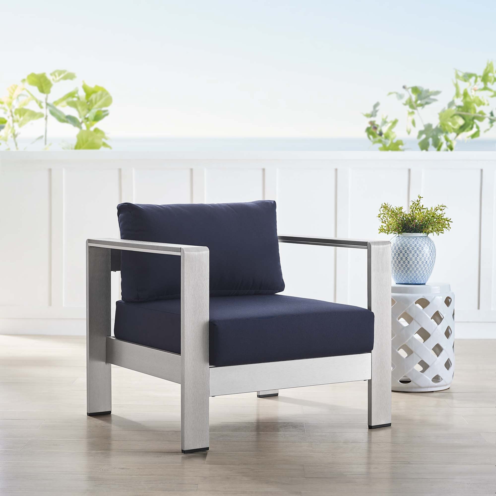 Shore Sunbrella® Fabric Aluminum Outdoor Patio Armchair, Silver Navy