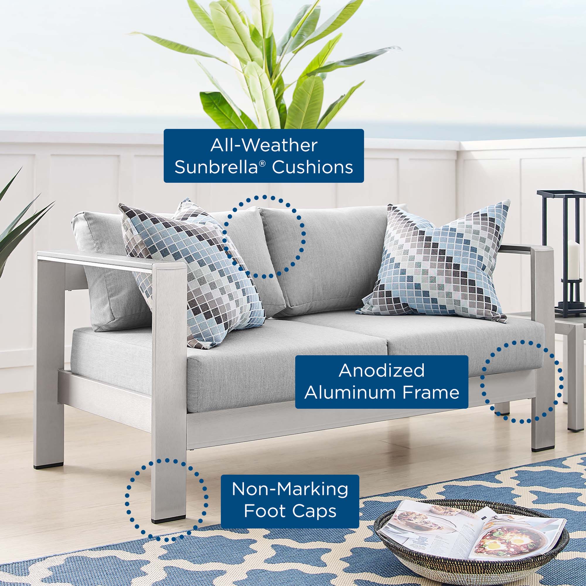 Shore Sunbrella® Fabric Aluminum Outdoor Patio Loveseat, Silver Gray