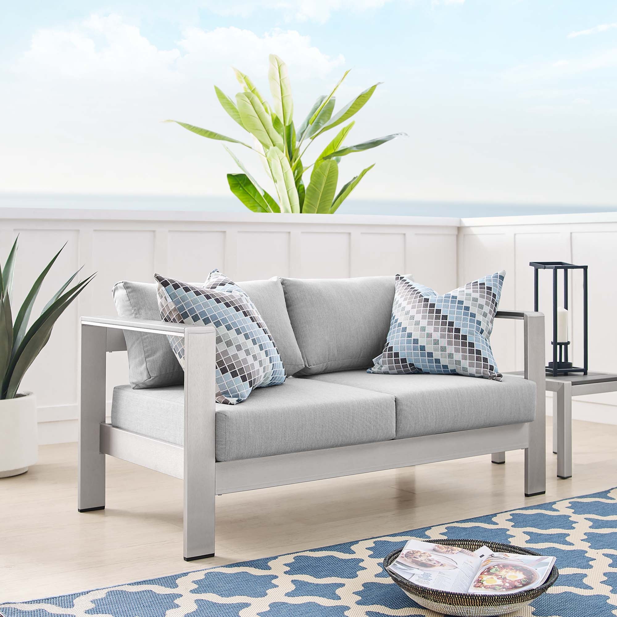 Shore Sunbrella® Fabric Aluminum Outdoor Patio Loveseat, Silver Gray