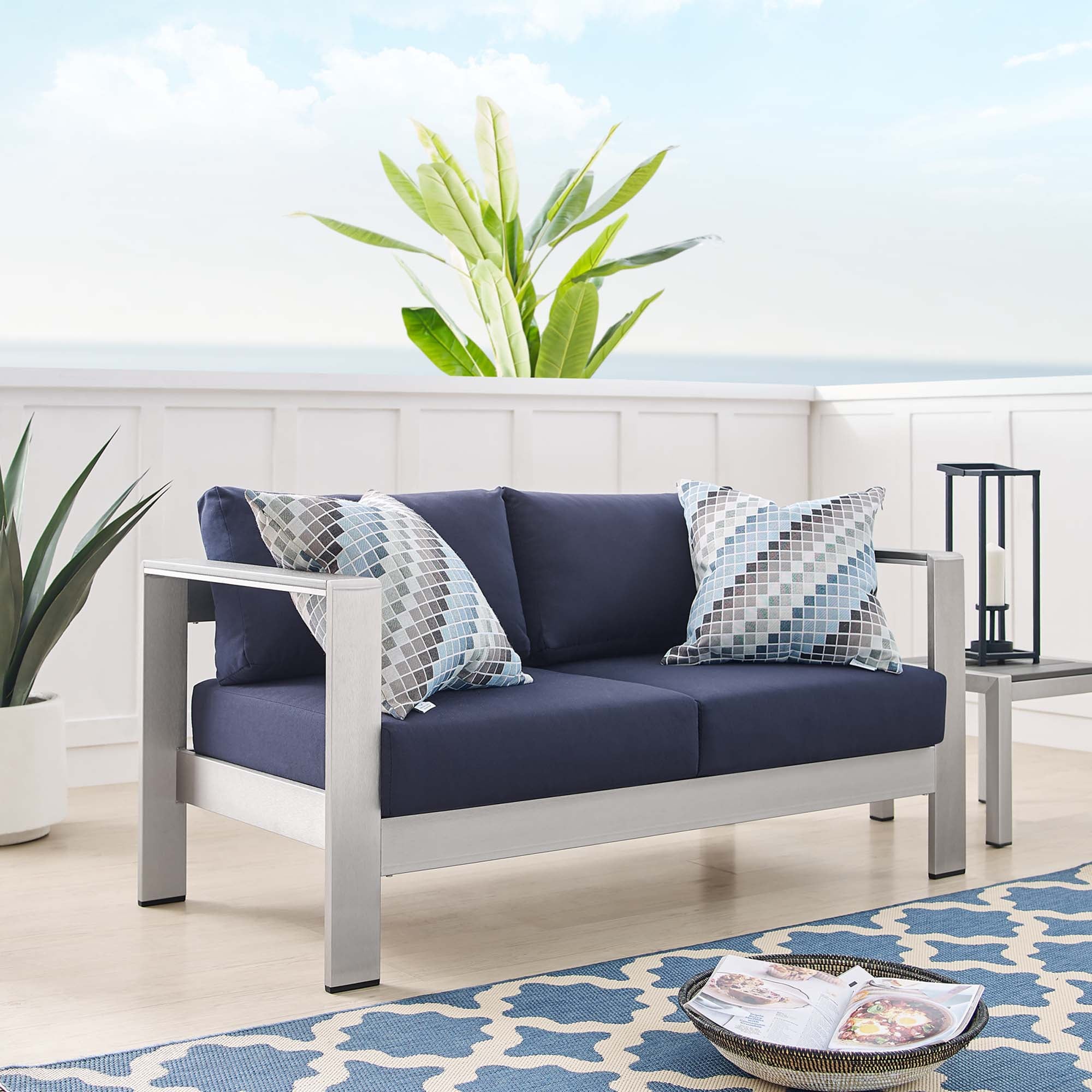 Shore Sunbrella® Fabric Aluminum Outdoor Patio Loveseat, Silver Navy