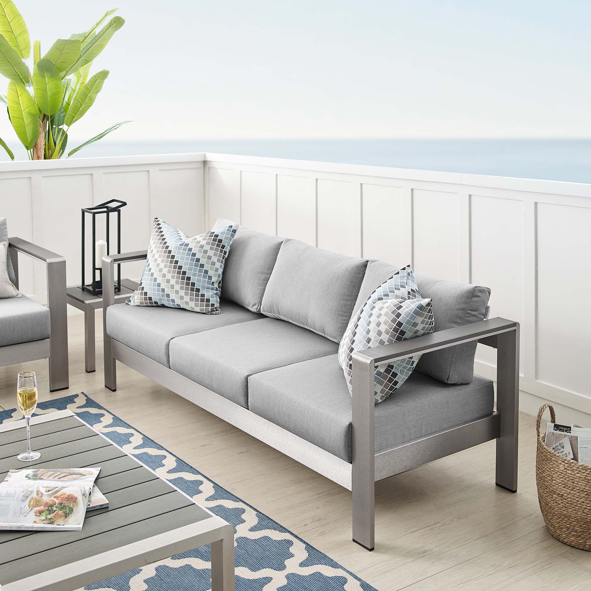 Shore Sunbrella® Fabric Aluminum Outdoor Patio Sofa, Silver Gray
