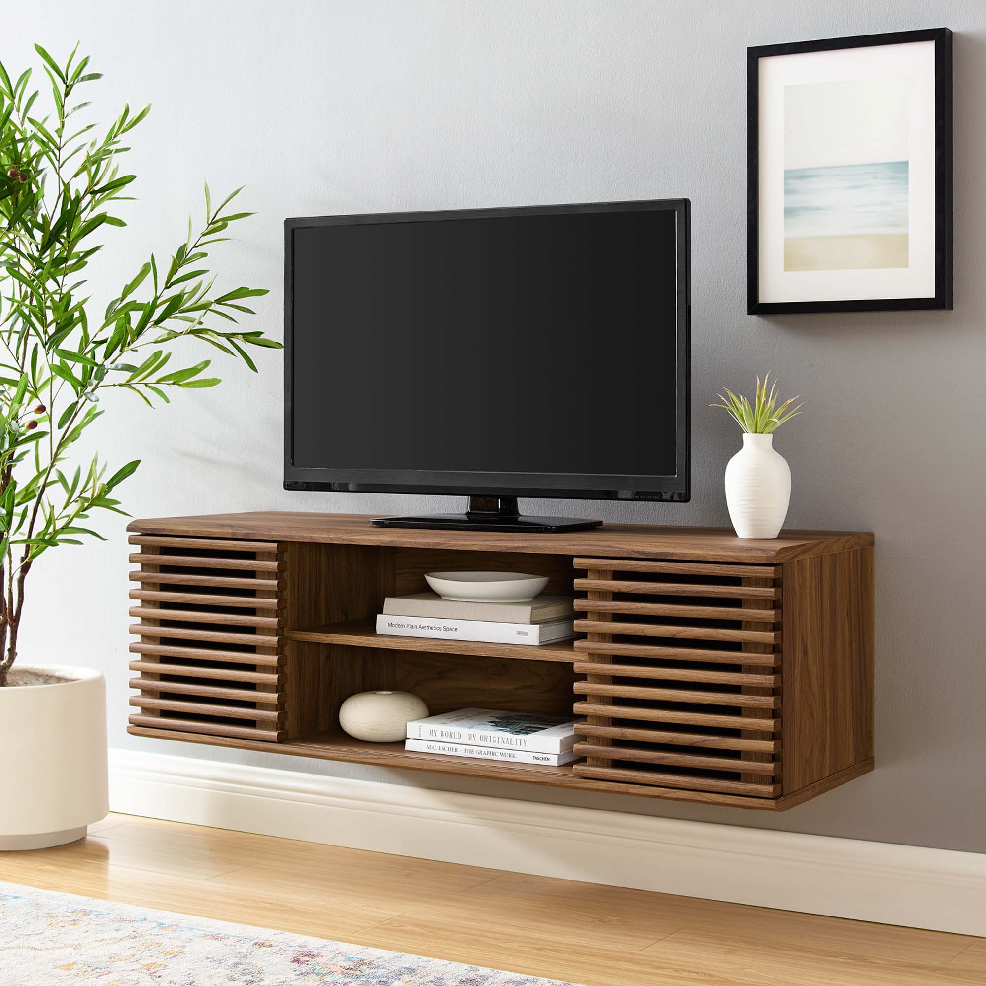 Render 46" Wall-Mount Media Console TV Stand, Walnut