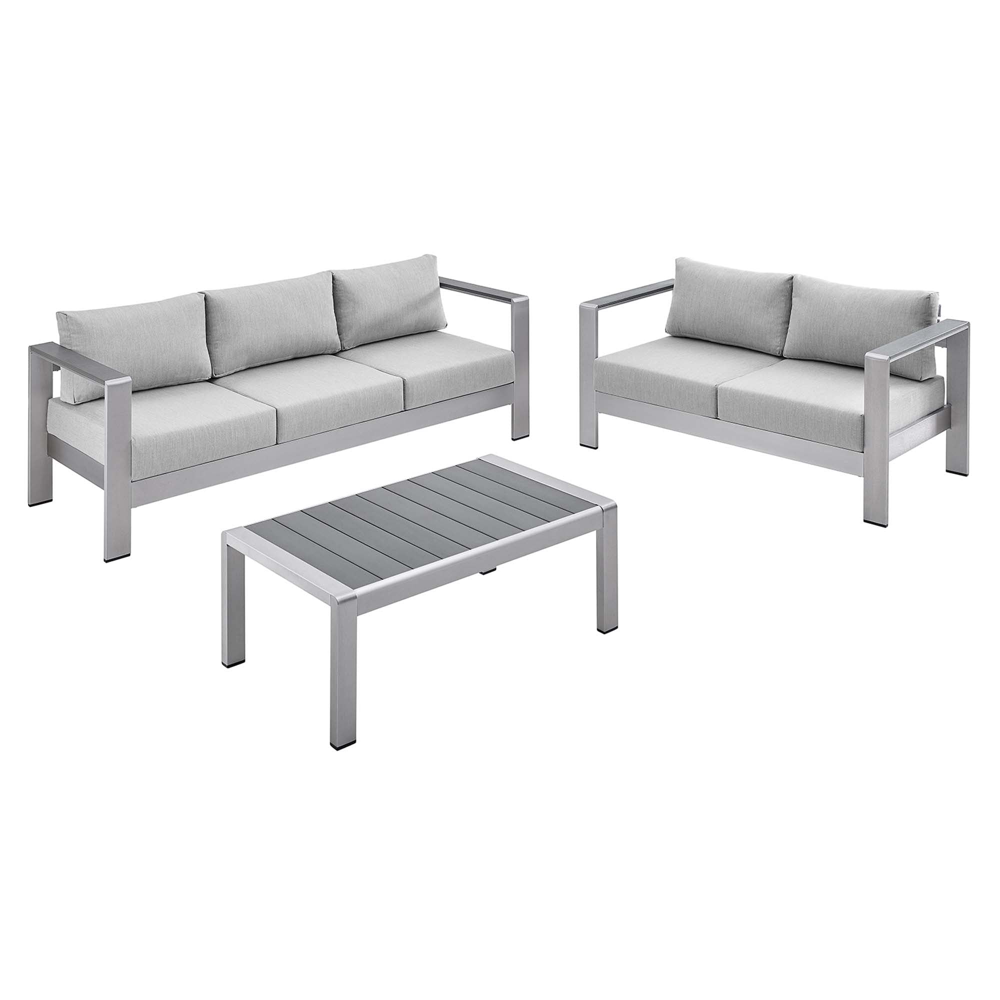 Shore 3 Piece Sunbrella® Fabric Outdoor Patio Aluminum Set, Silver Gray