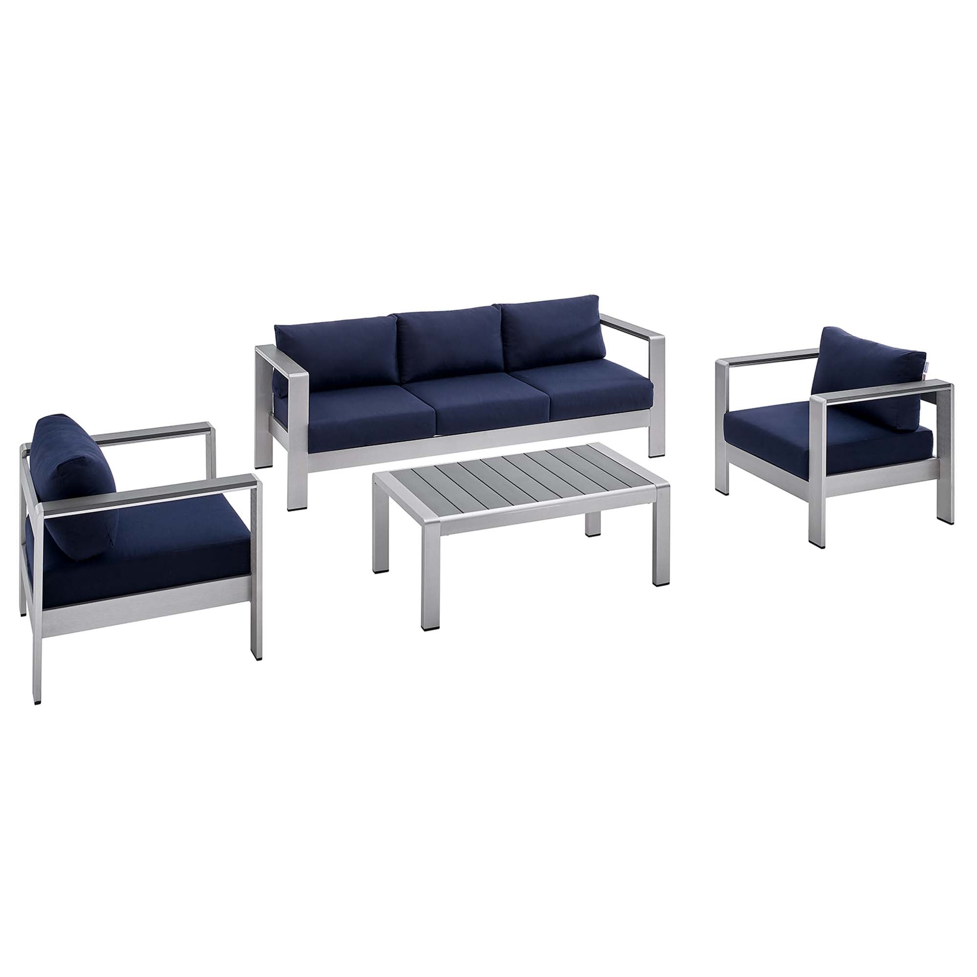 Shore 4 Piece Sunbrella® Fabric Outdoor Patio Aluminum Set, Silver Navy