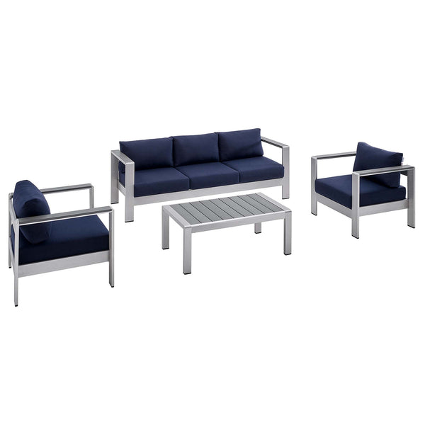 Shore 4 Piece Sunbrella® Fabric Outdoor Patio Aluminum Set, Silver Navy