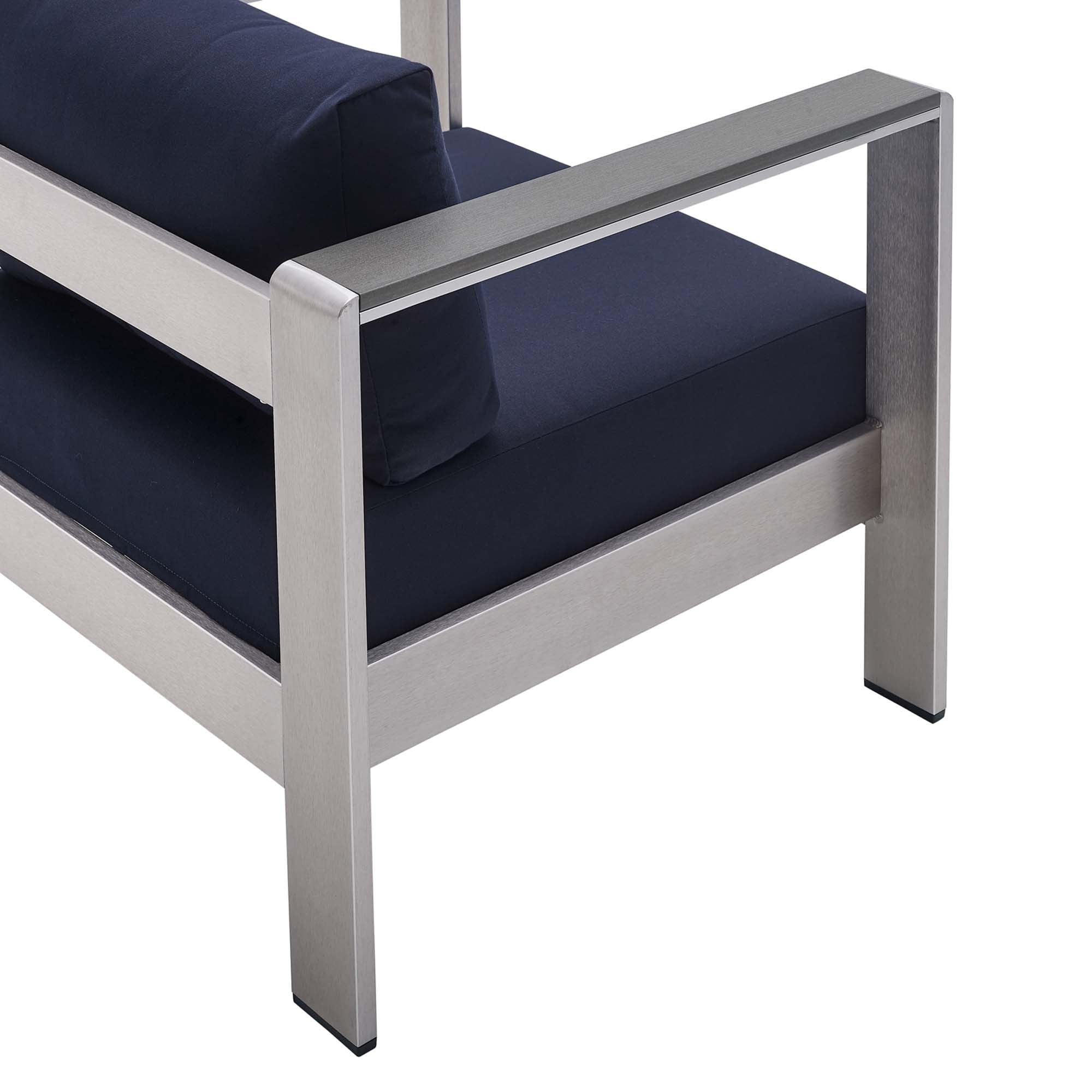 Shore 4 Piece Sunbrella® Fabric Outdoor Patio Aluminum Set, Silver Navy