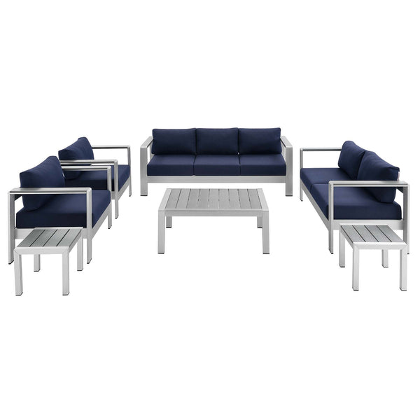 Shore 7 Piece Sunbrella® Fabric Outdoor Patio Aluminum Set, Silver Navy