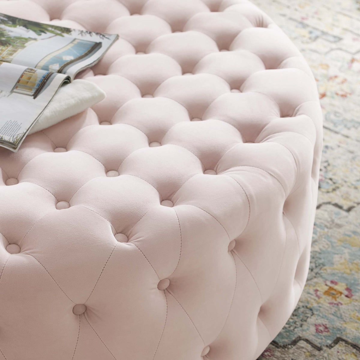 Ensconce Tufted Performance Velvet Round Ottoman, Pink