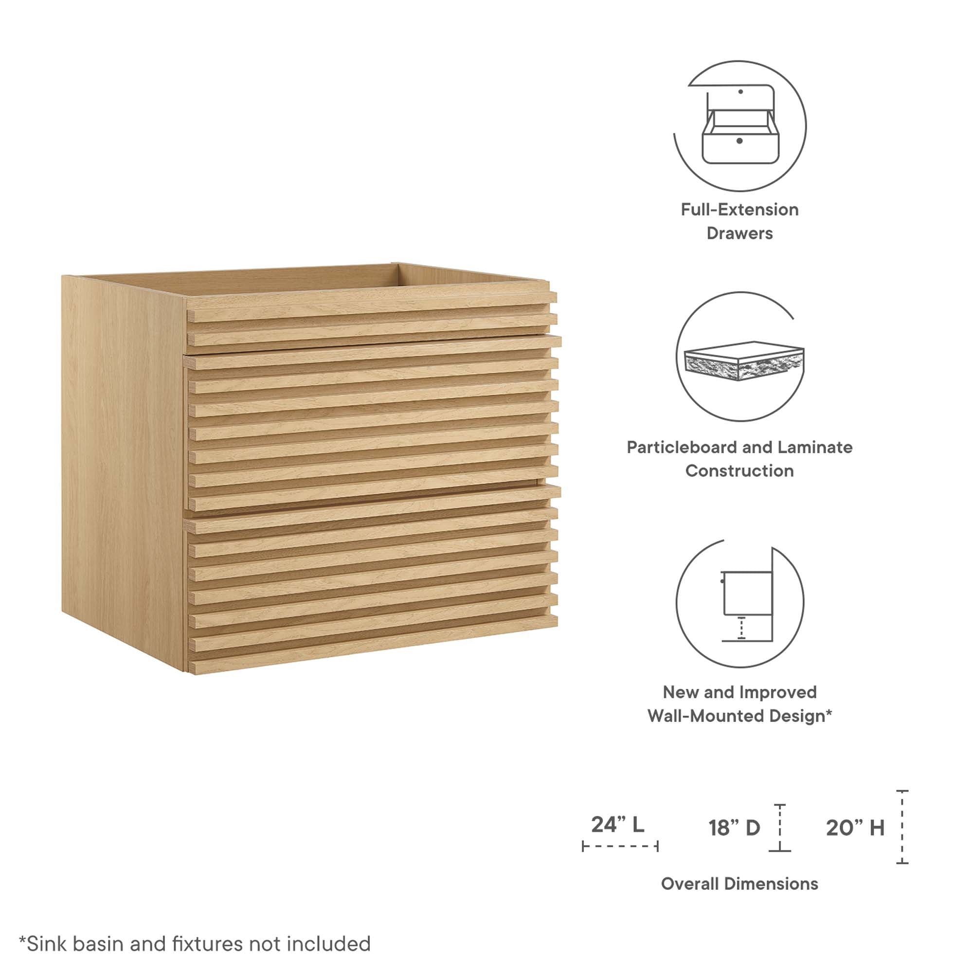 Render 24" Wall-Mount Bathroom Vanity Cabinet (Sink Basin Not Included), Oak
