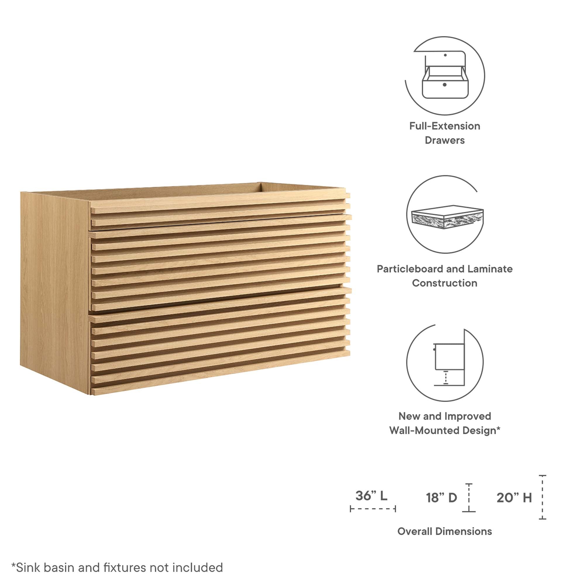 Render 36" Wall-Mount Bathroom Vanity Cabinet (Sink Basin Not Included), Oak